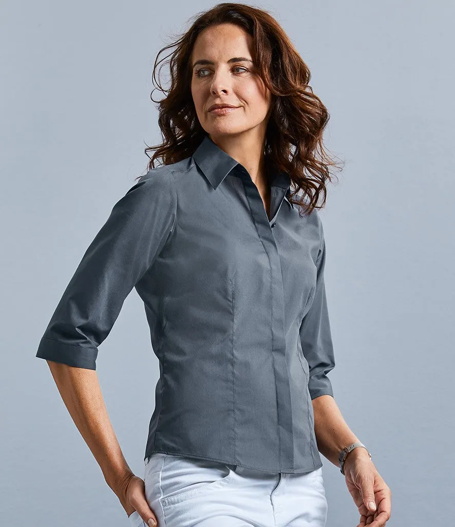 Ladies 3/4 Sleeve Polyester Easy Care Fitted Poplin Shirt | CORPORATE BLUE Strong Denim
