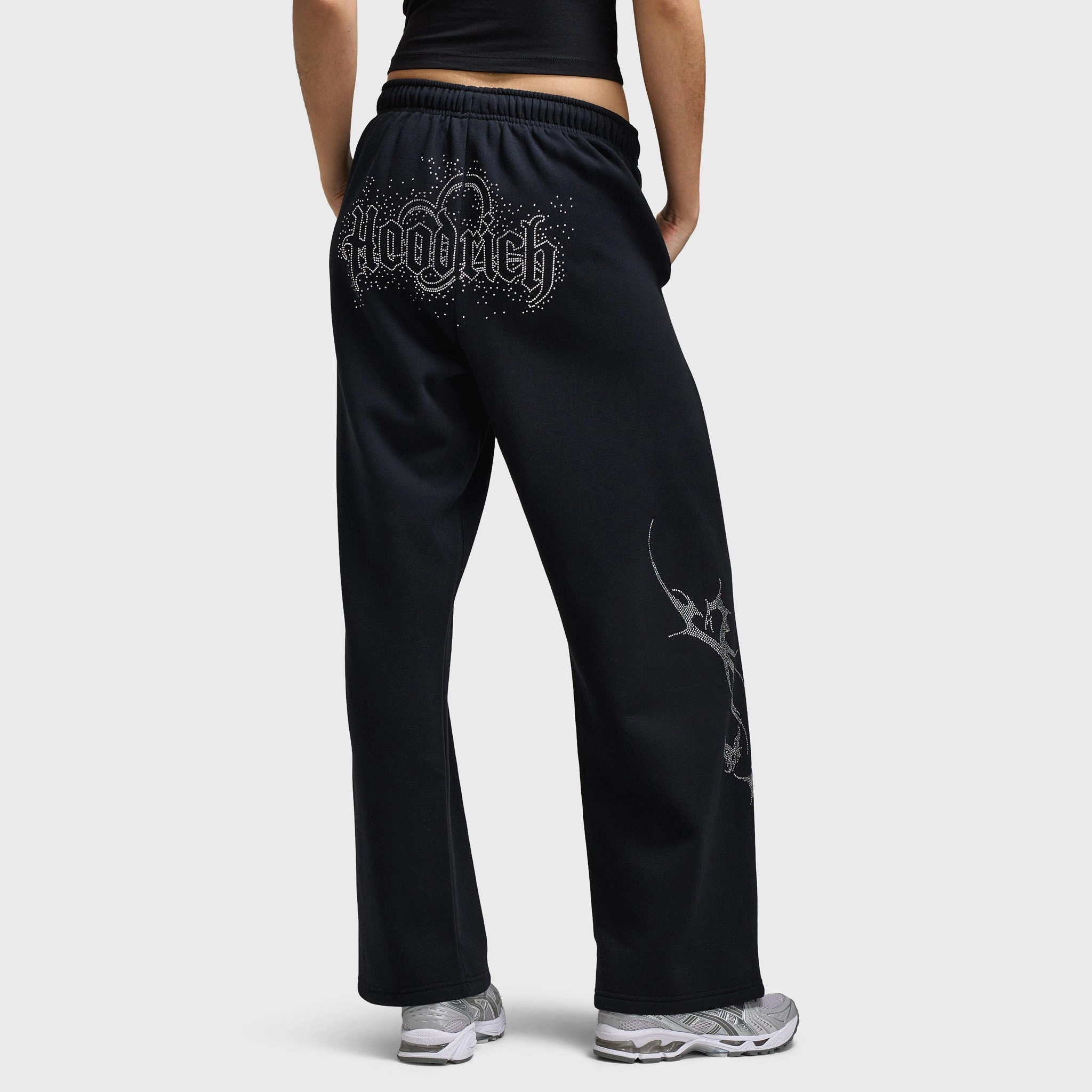 Lightweight Composite Permanent Crease Hoodrich Women's Diffuse Oversized Wide Leg Jogger Black / Silver Rhinestones