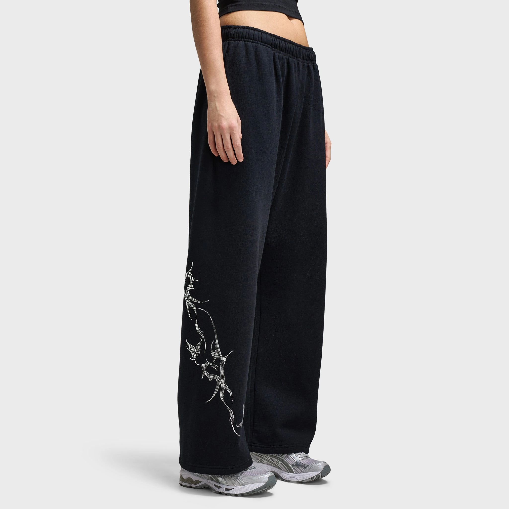 Hoodrich Women's Diffuse Oversized Wide Leg Jogger Black / Silver Rhinestones WrinkleResistantFabric ElasticBinding
