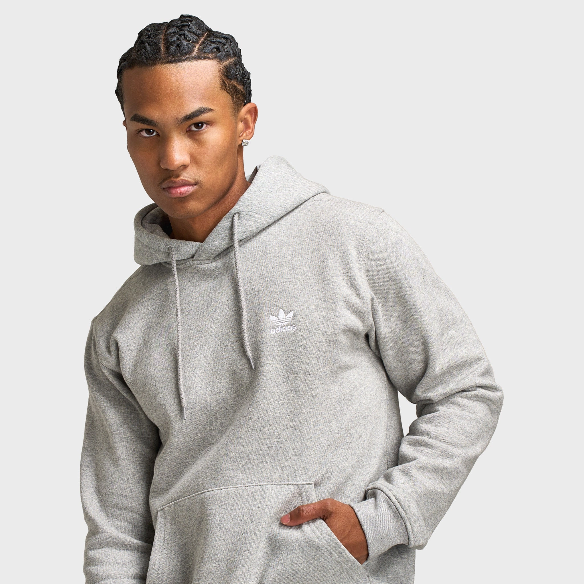 adidas Essentials Pullover Hoodie Heather Grey / White Removable Hood Seamless Shoulder Construction