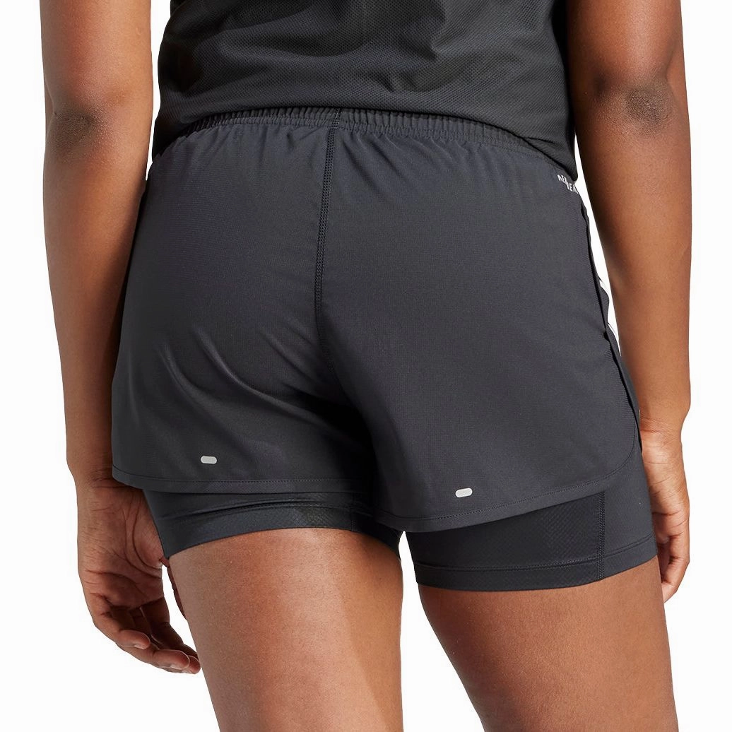 fade resistant color Seamless Waistband adidas Own The Run 3 Stripes 2 In 1 Womens Running Shorts - Black