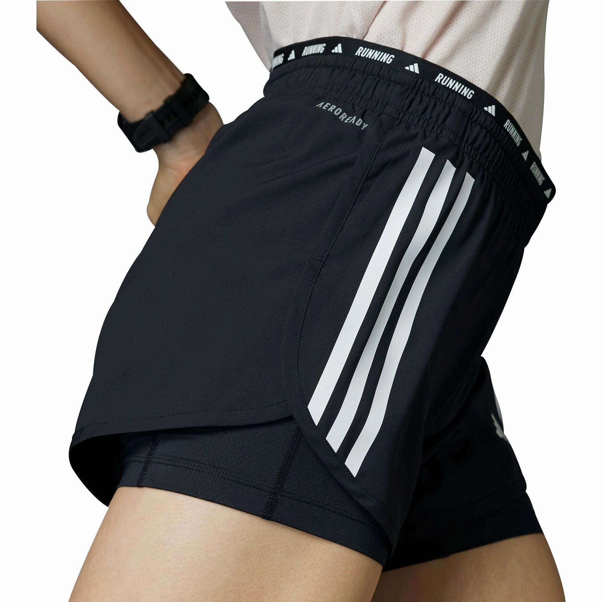low waisted adidas Own The Run 3 Stripes 2 In 1 Womens Running Shorts - Black