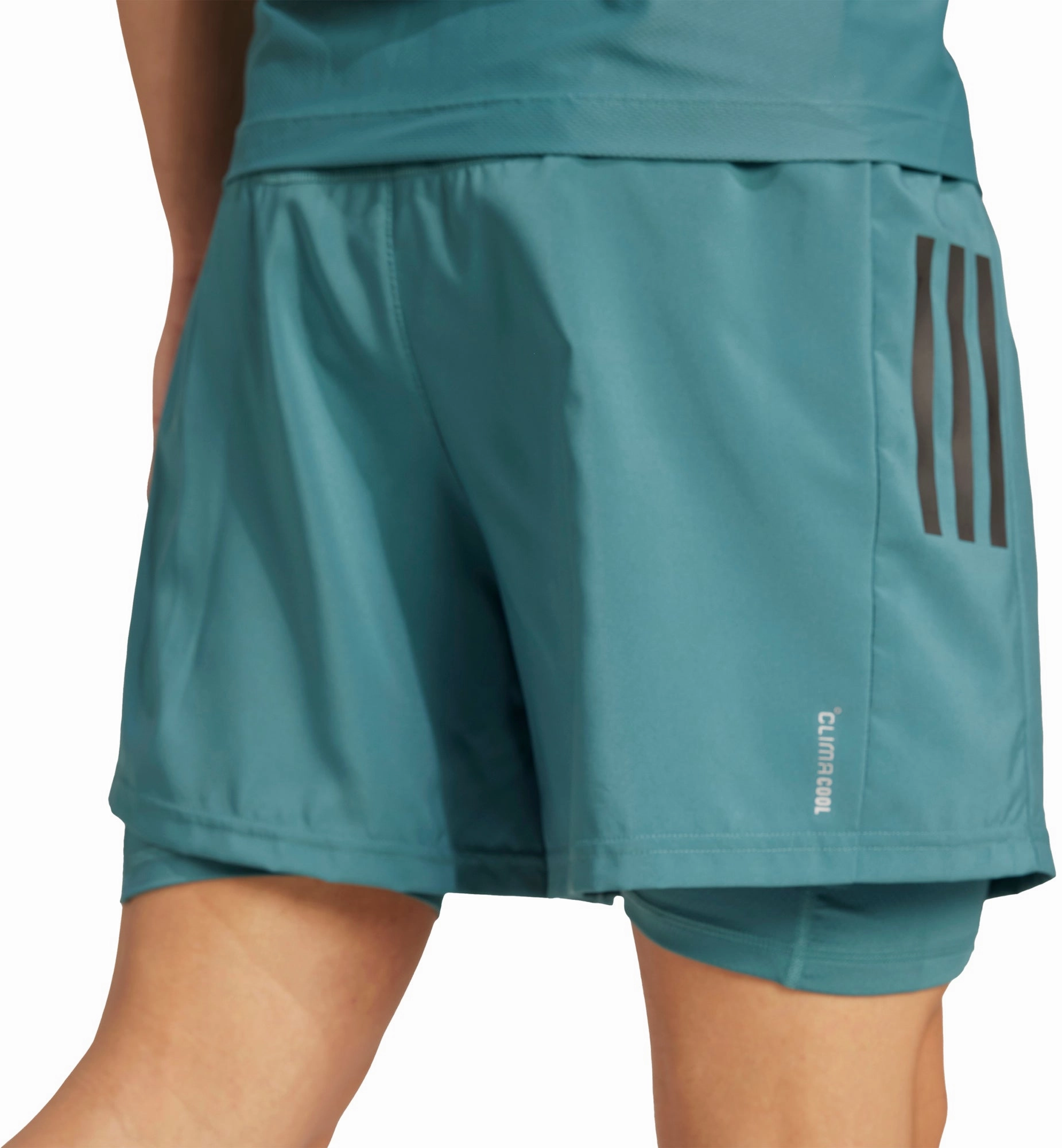 adidas Own The Run ClimaCool 2 In 1 Mens Running Shorts - Green high waisted Wrinkle Free Weave
