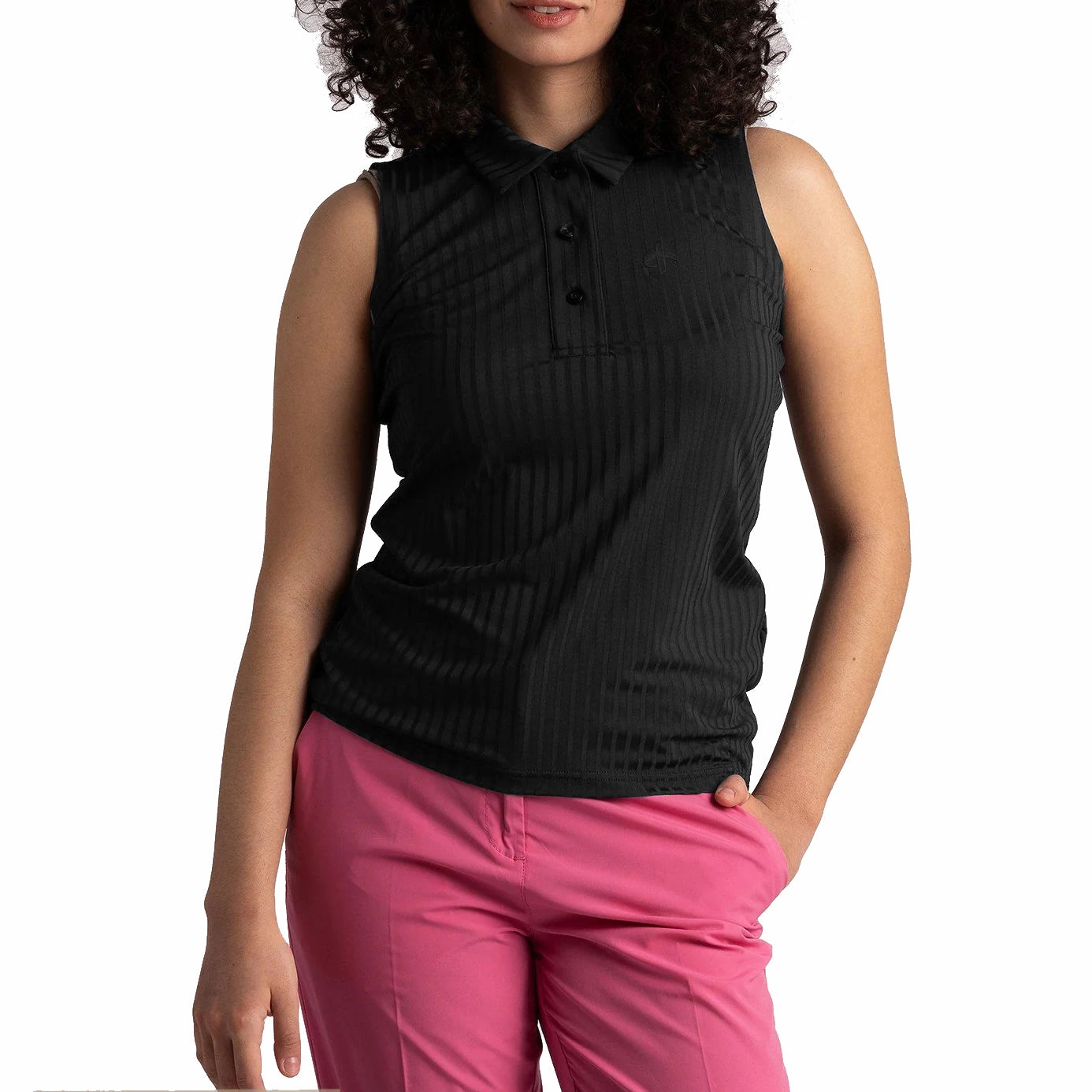 Herringbone Texture Lightweight Material Cross Women's Andrea Sleeveless Polo Golf Shirt - Black