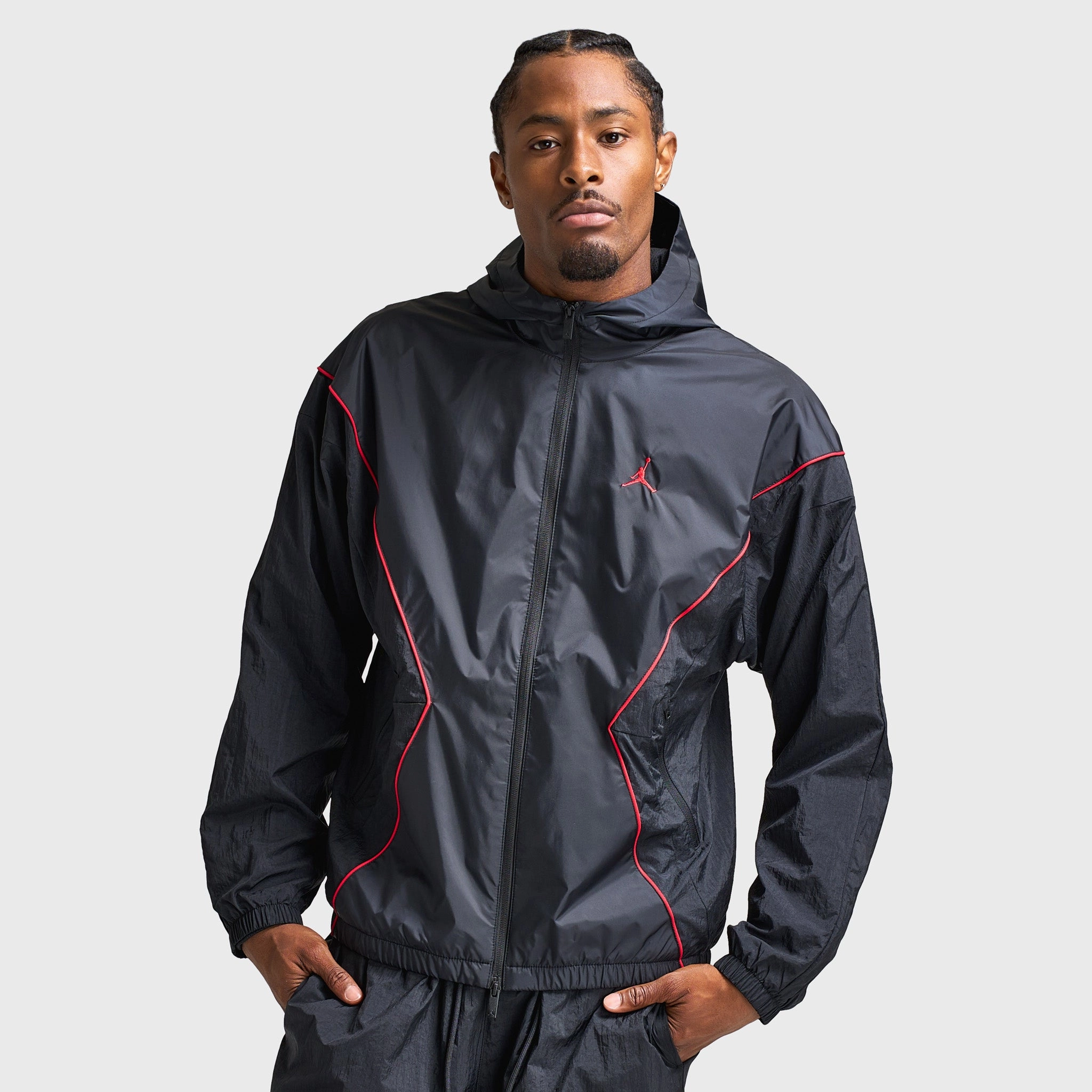 Jordan Brooklyn Men's Hooded Draft Jacket Black / Gym Red Beach Wear Thread
