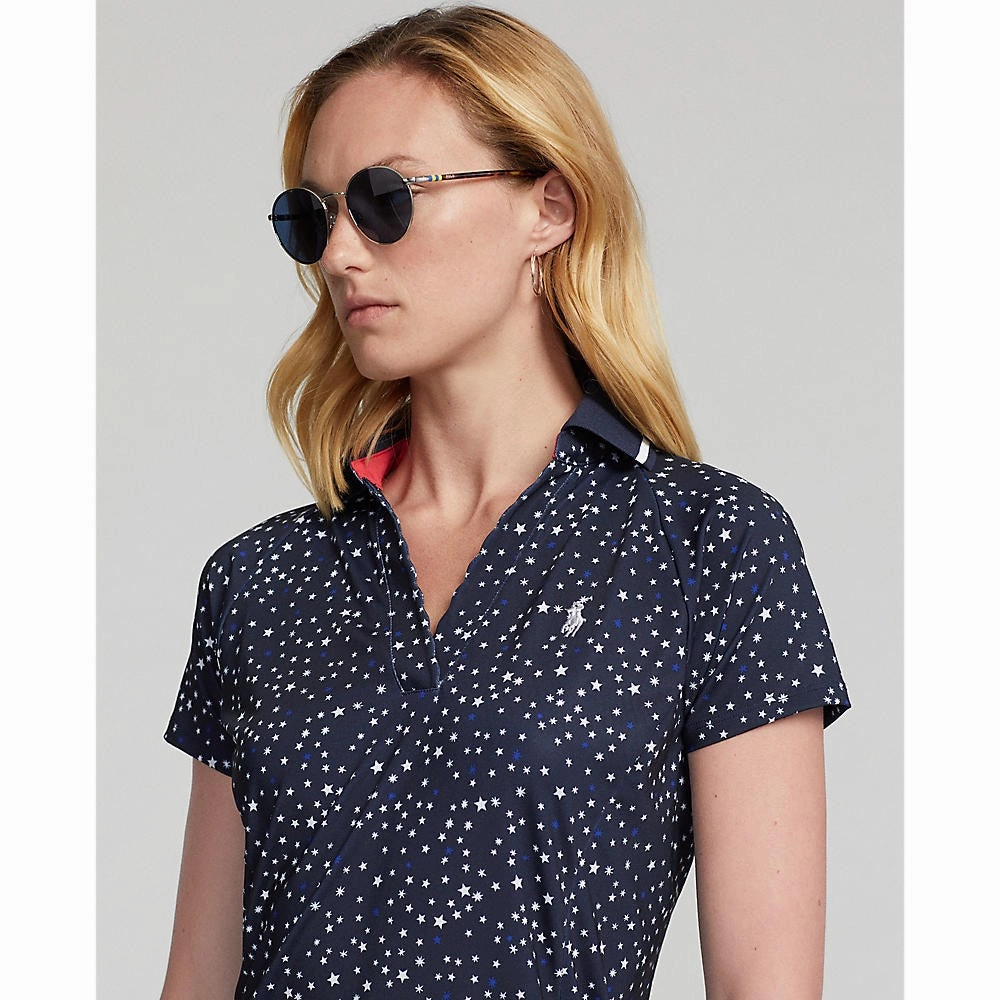 Multipanel Construction RLX Ralph Lauren Women's Printed Airflow V-Neck Golf Polo Shirt - French Navy Summer Night Stars
