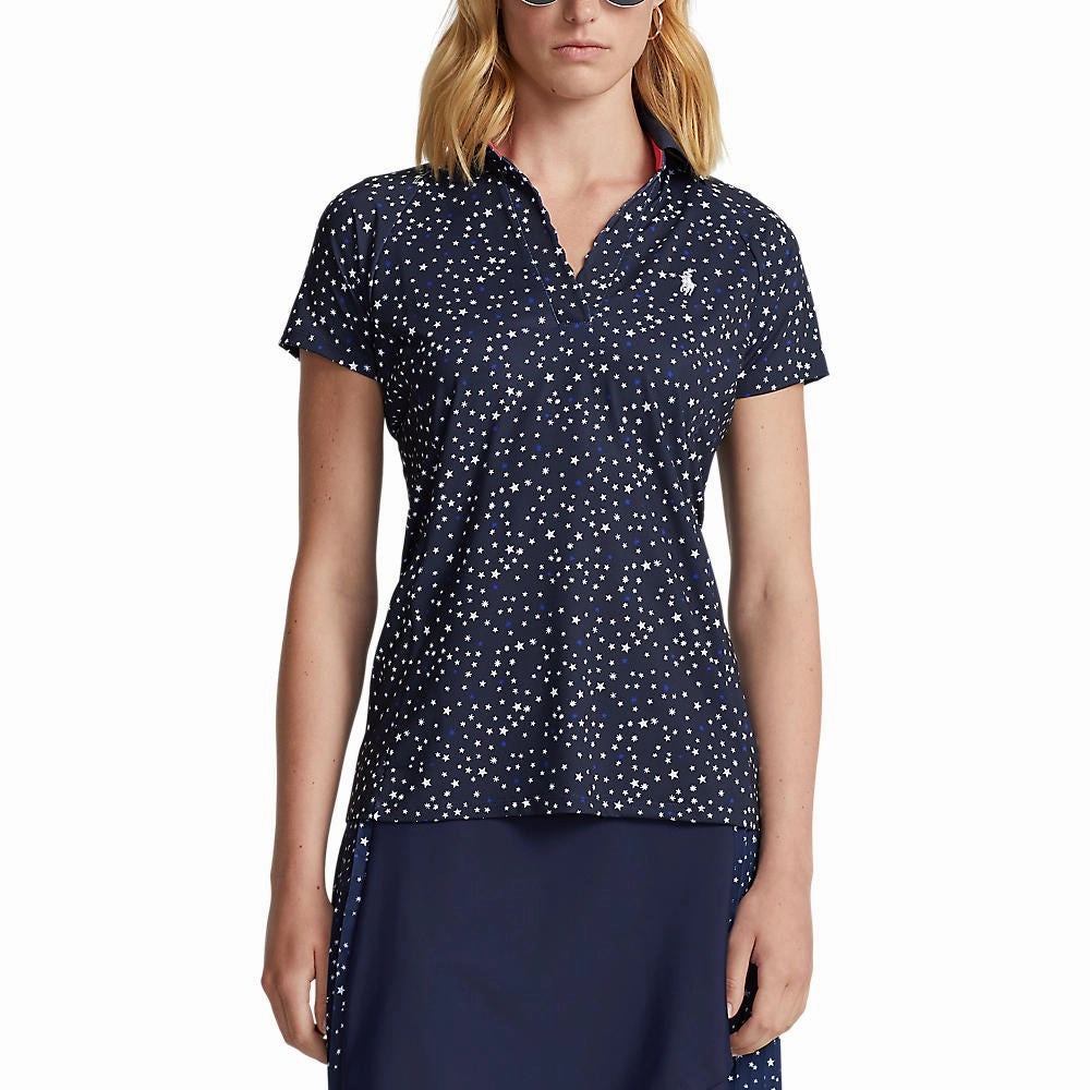 RLX Ralph Lauren Women's Printed Airflow V-Neck Golf Polo Shirt - French Navy Summer Night Stars Business Meeting Tagless Neck Label