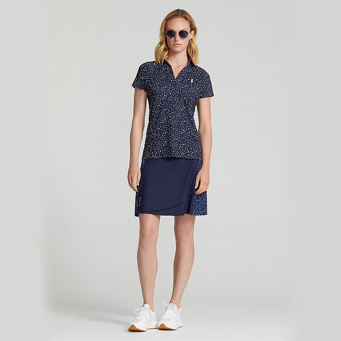 RLX Ralph Lauren Women's Printed Airflow V-Neck Golf Polo Shirt - French Navy Summer Night Stars Ventilated Side Panels