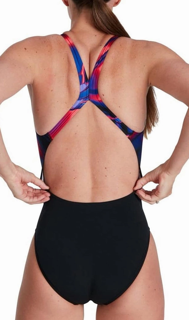 Quick Draining Vent Perforations Non Slip Waistband Speedo Placement Digital Powerback Womens Swimsuit - Black