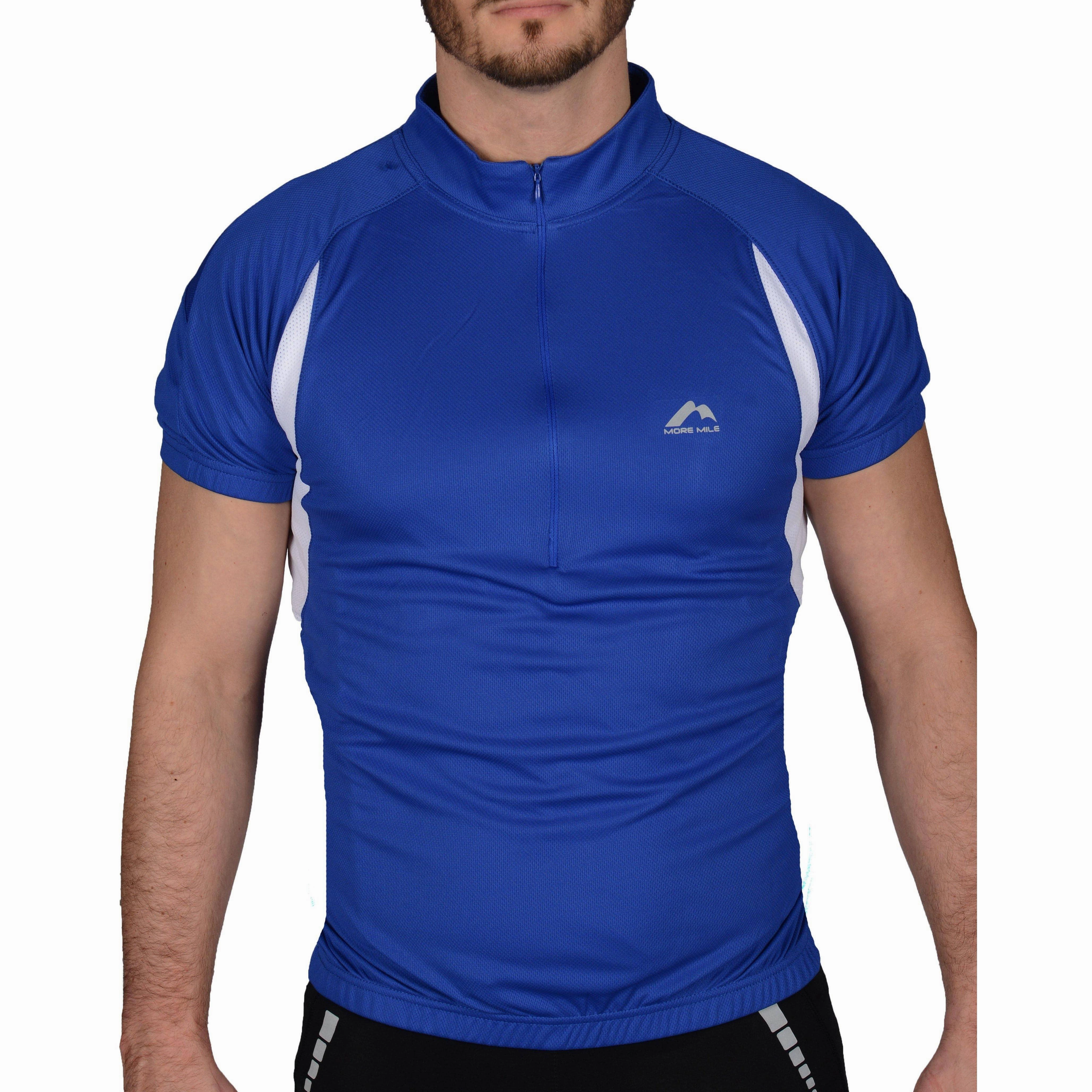 More Mile Half Zip Short Sleeve Mens Cycling Jersey - Blue Low Profile Logo Embossing Hidden Storage Compartment