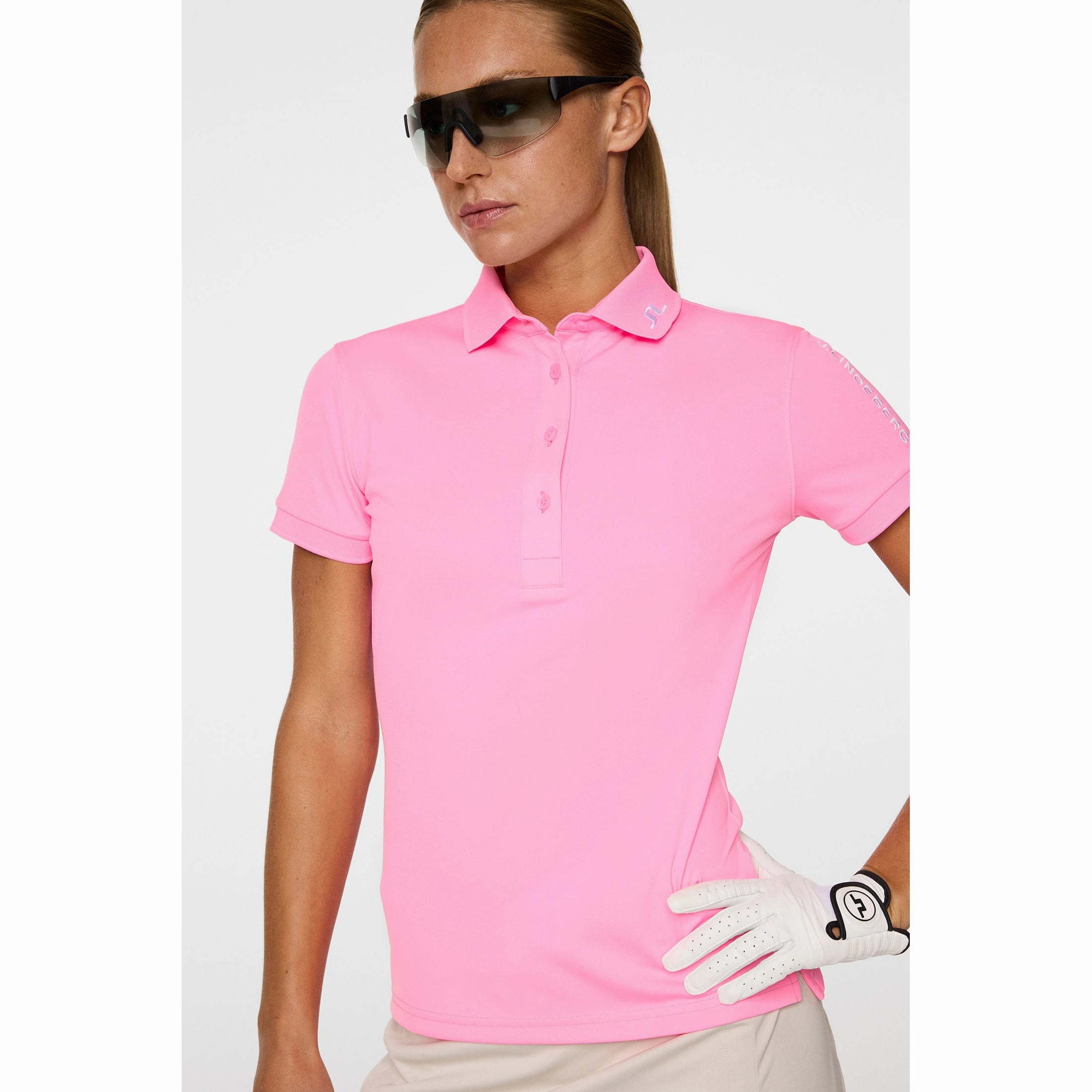 ButtonDown Collar Stretch Fabric Construction J.Lindeberg Women's Tour Tech Golf Polo Shirt - Eosine Pink