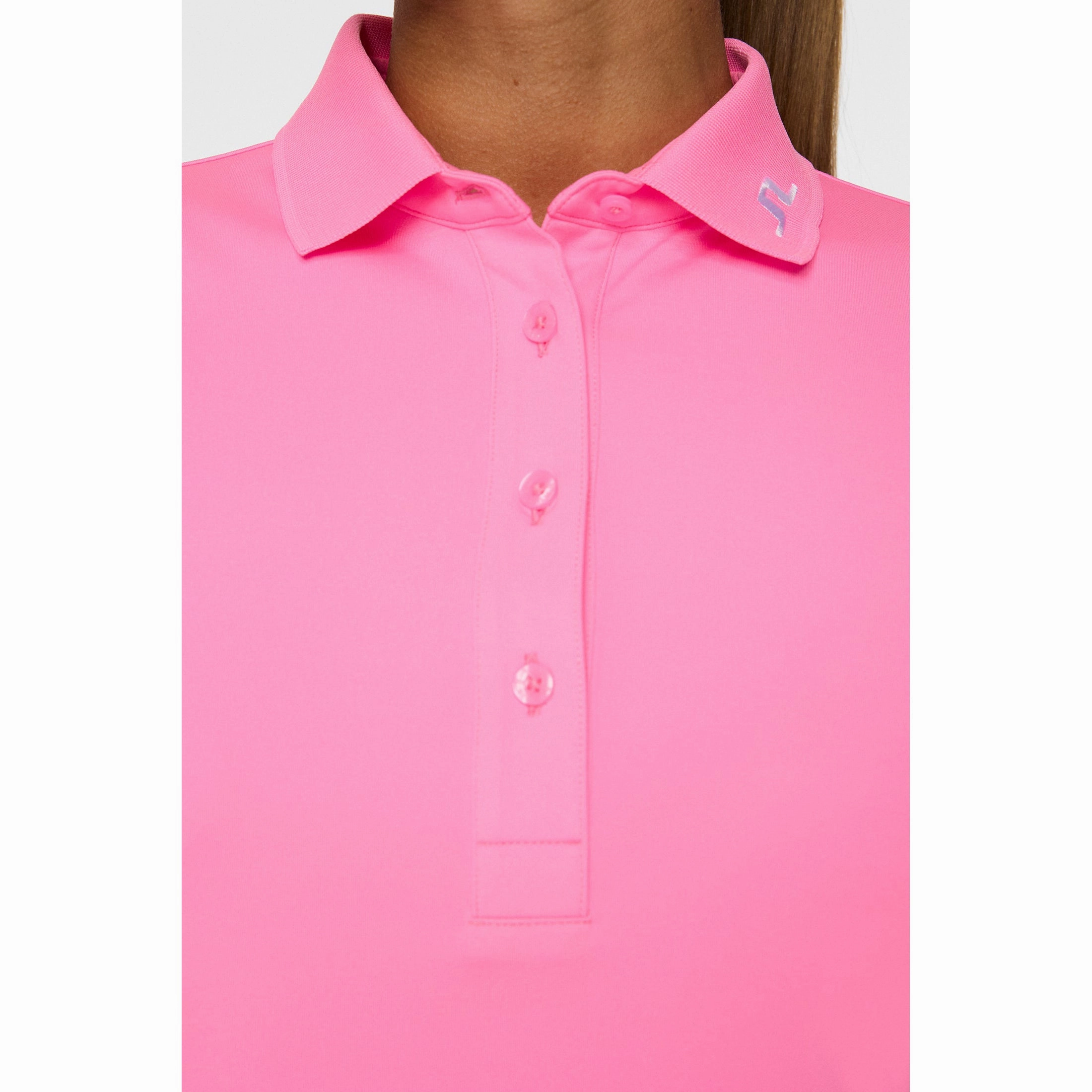 J.Lindeberg Women's Tour Tech Golf Polo Shirt - Eosine Pink Flexible Ribbed Collar Relaxed Comfort