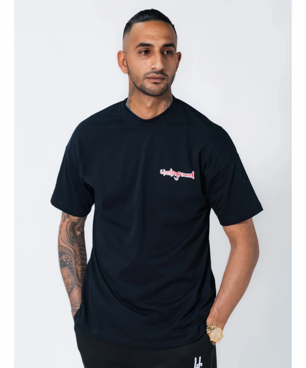 HypoallergenicYarn UNDRGROUND Leather Patch Tee (Black/Red)