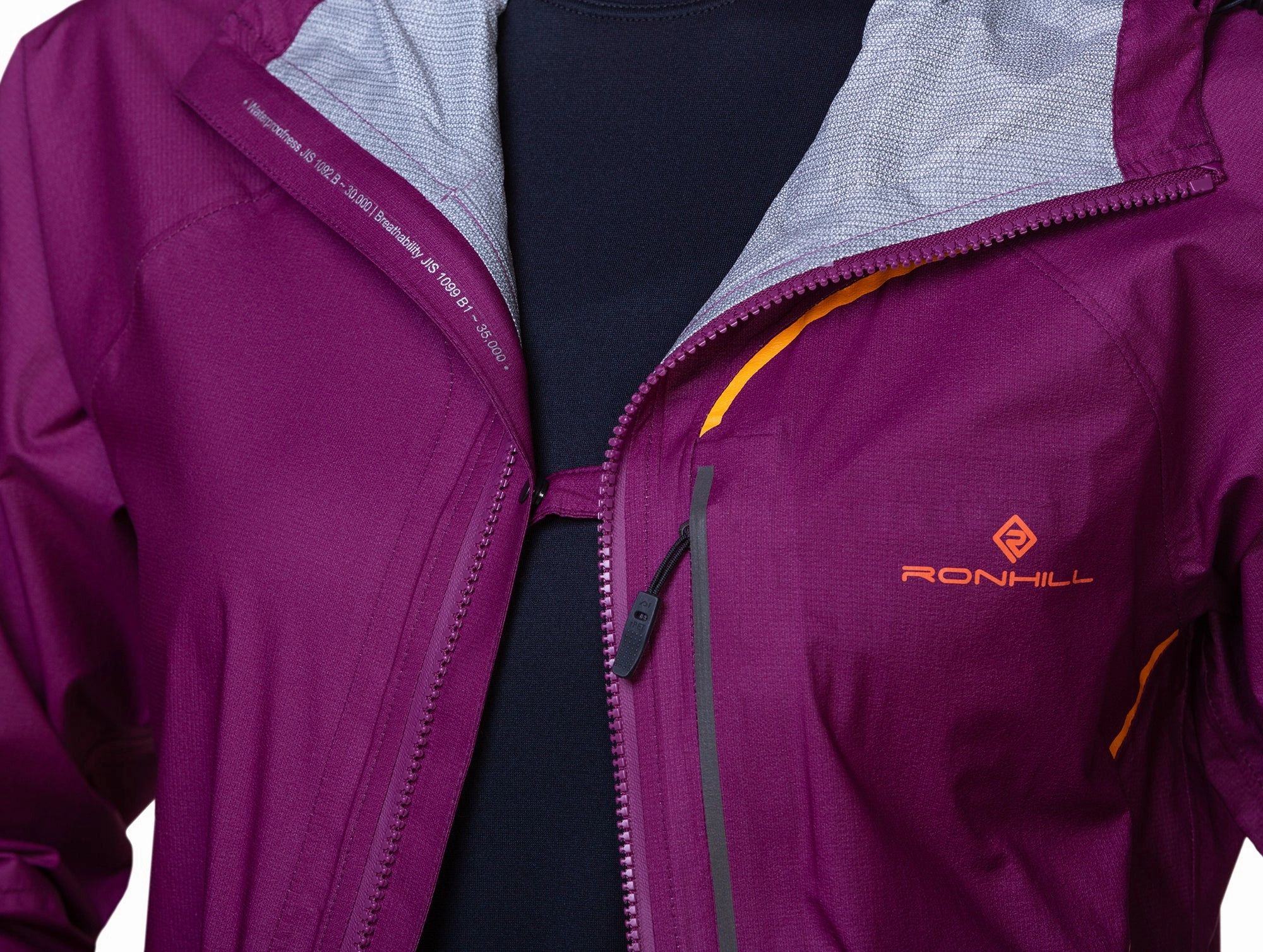 Ronhill Tech Fortify Waterproof Womens Running Jacket - Purple High Collar Fit BondedFabric