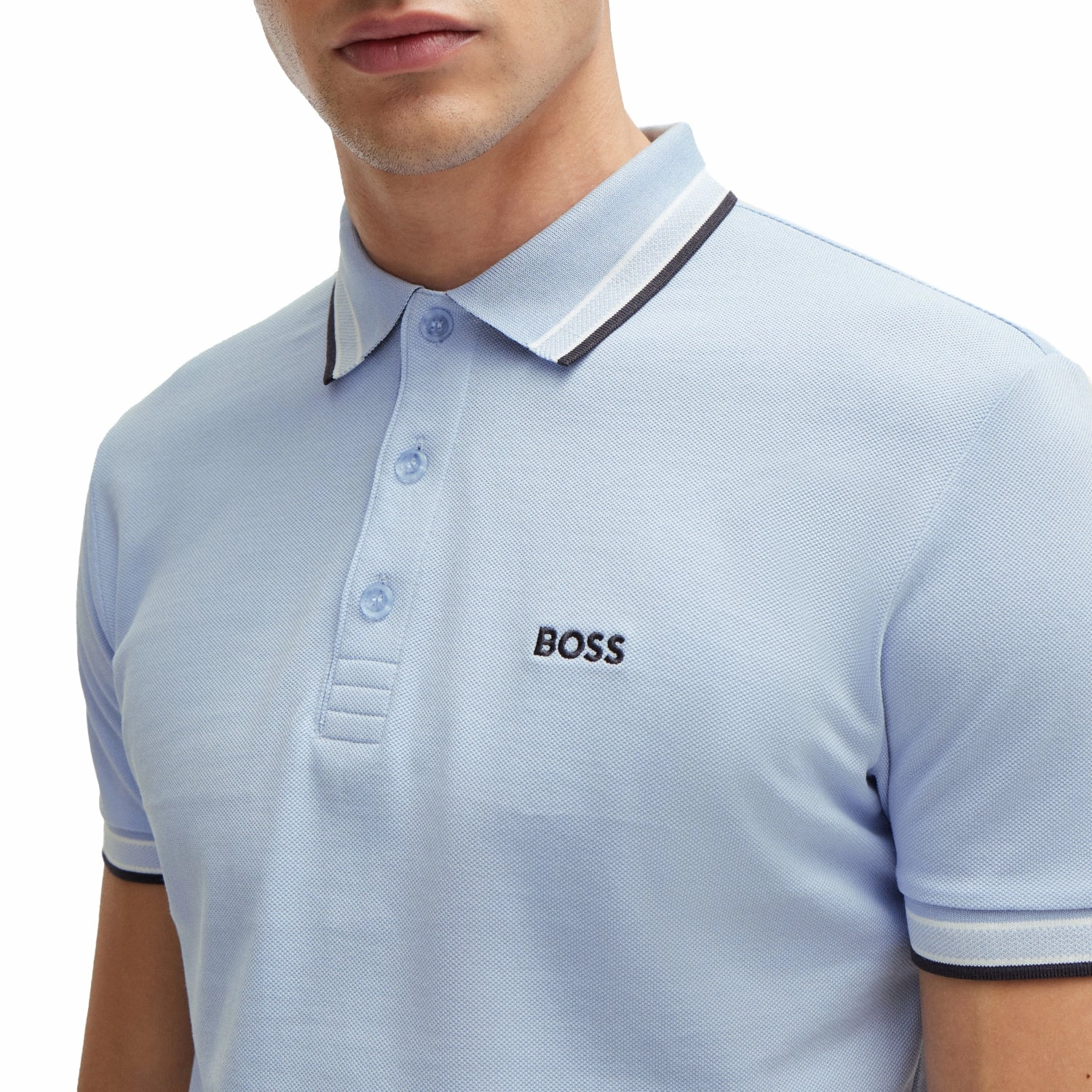 BOSS Paddy Cotton Pique Golf Shirt - Open Blue Smooth Flatlock Seams Business Meeting