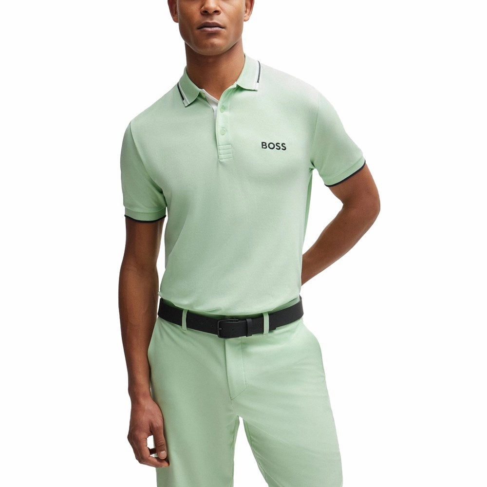 BOSS Paddy Pro Golf Polo Shirt - Open Green Classic Neckline Yarn Dyed Collar