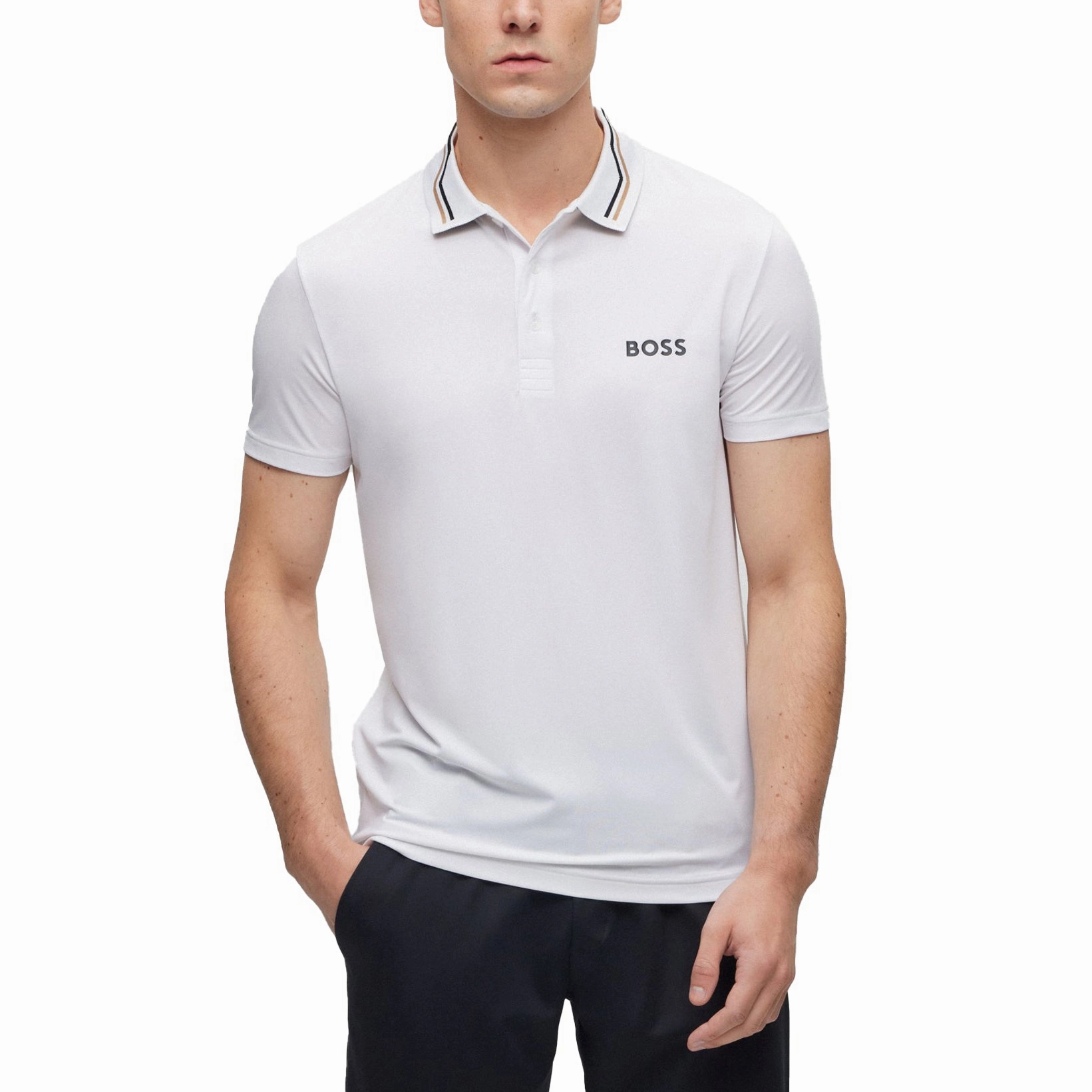 NonRestrictive Cut FourButton Placket Boss Paddytech Golf Polo Shirt - White