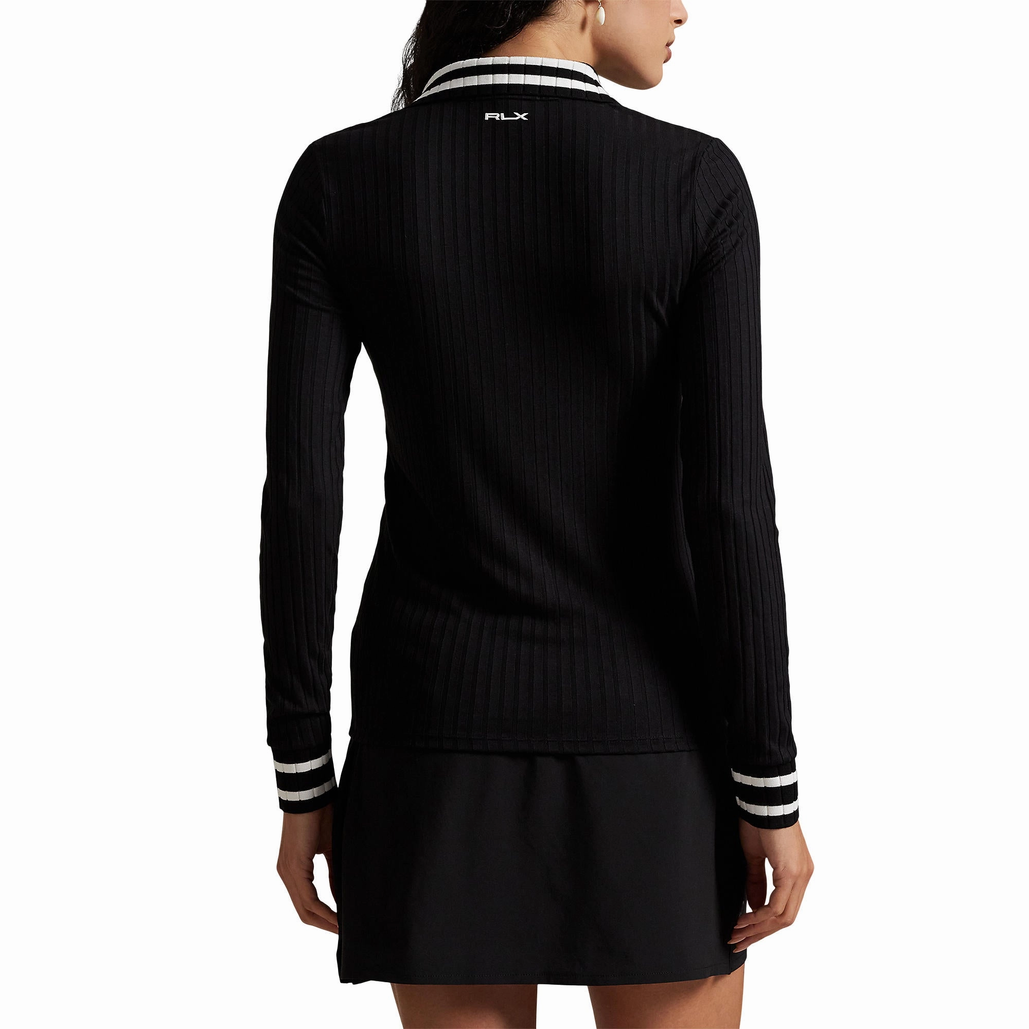 RLX Ralph Lauren Women's Rib Knit Long Sleeve Golf Shirt - Polo Black AntiPilling Technology Anti Odor Technology