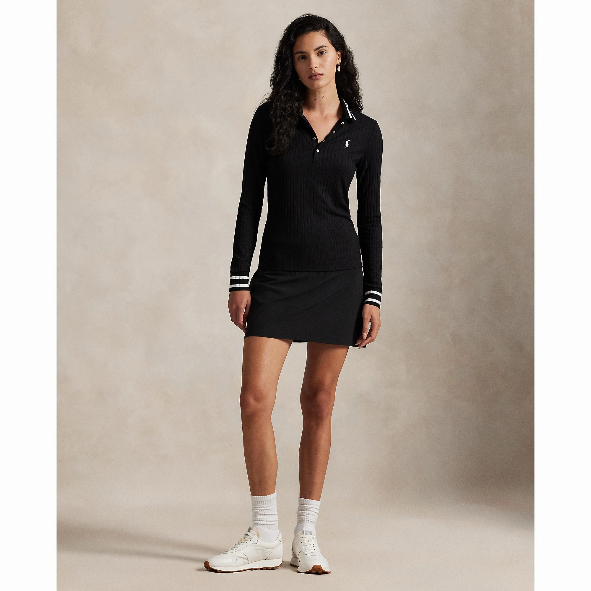 Tailored Silhouette Optimal Airflow Texture RLX Ralph Lauren Women's Rib Knit Long Sleeve Golf Shirt - Polo Black