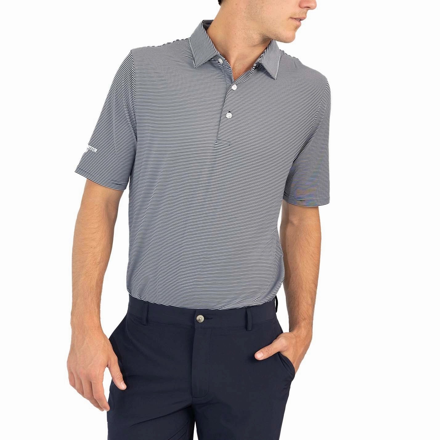 Glenmuir Torrence Micro Stripe Performance Golf Shirt - Navy/ White slim fit Lightweight Comfort