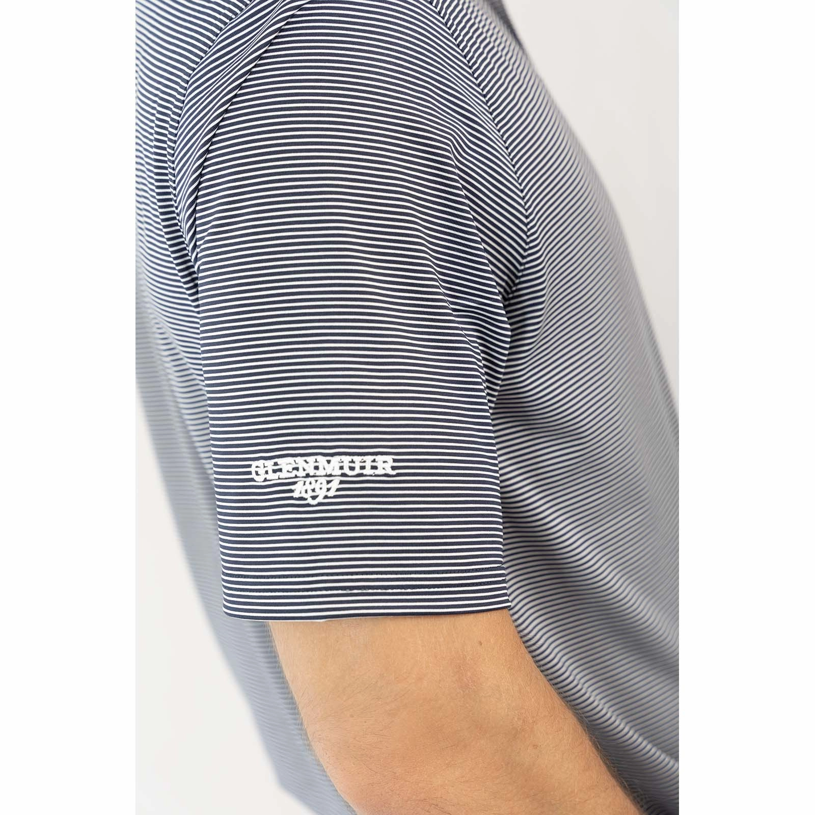 NonChafing Seam Placement Unstructured Silhouette Glenmuir Torrence Micro Stripe Performance Golf Shirt - Navy/ White