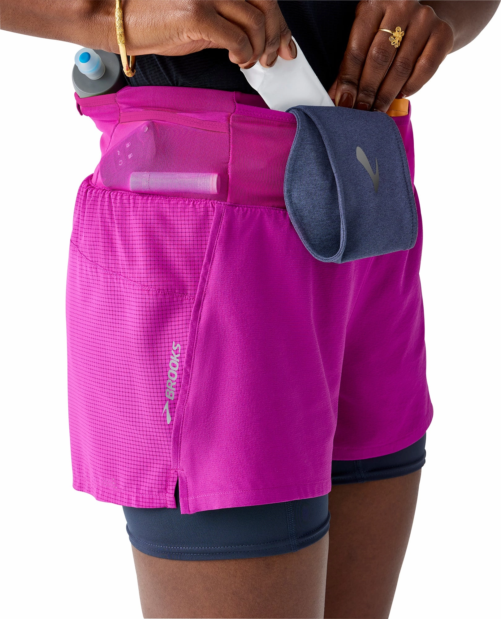 Brooks 3 Inch high Point 2.0 2 In 1 Womens Running Shorts - Pink Reinforced Hemlines