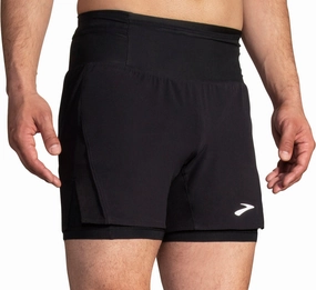 Easy Movement Flexible Waistband Brooks 5 Inch High Point 2.0 2 In 1 Mens Running Shorts - Black