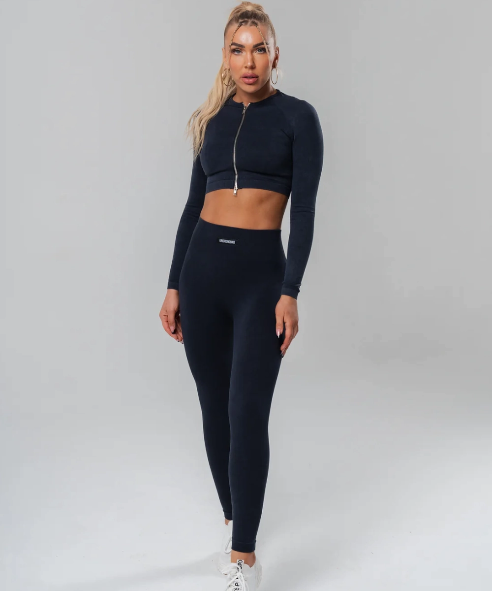ZeroWaste Production UNDRGROUND Long Sleeve Zip Crop (Washed Out Black)