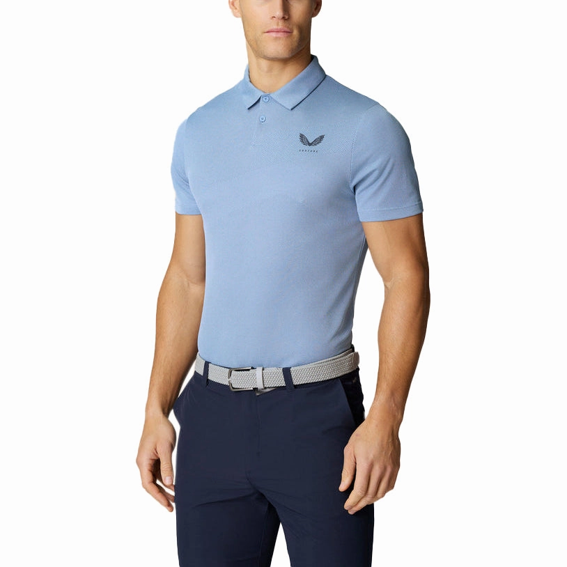 Castore Pinnacle Engineered Knit Polo Golf Shirt - Sky Blue/Midnight Navy LowProfile Hem