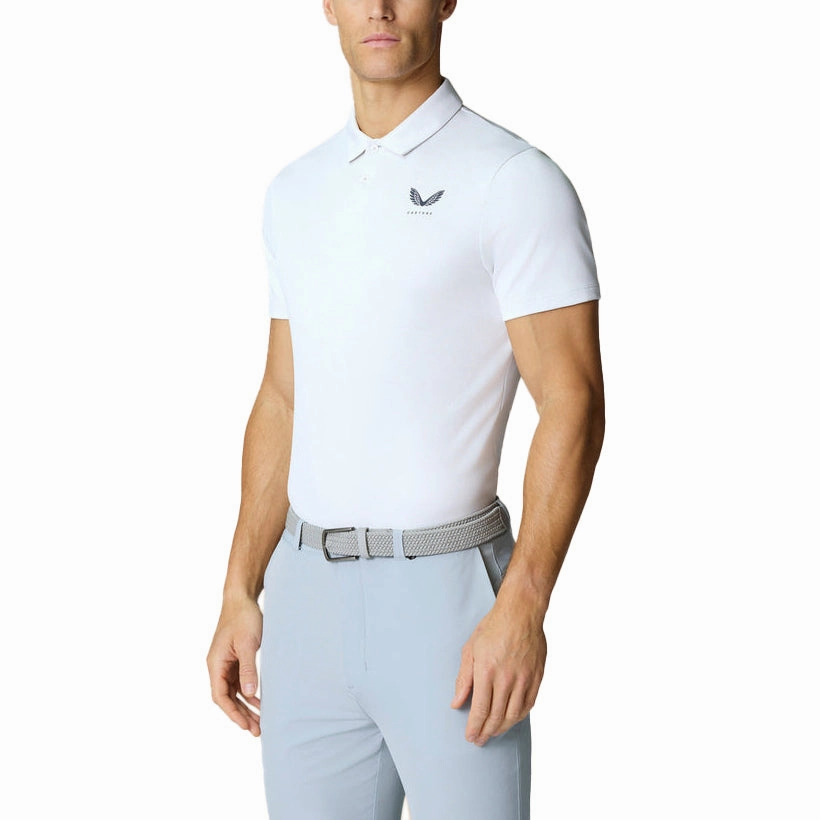 Castore Pinnacle Engineered Knit Polo Golf Shirt - White/Midnight Navy Tagless Neck Label Youthful Appeal