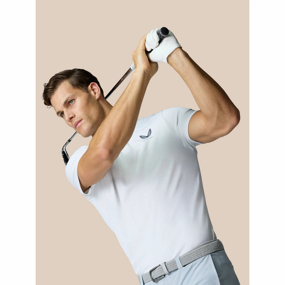 Breathable Weave Castore Pinnacle Engineered Knit Polo Golf Shirt - White/Midnight Navy