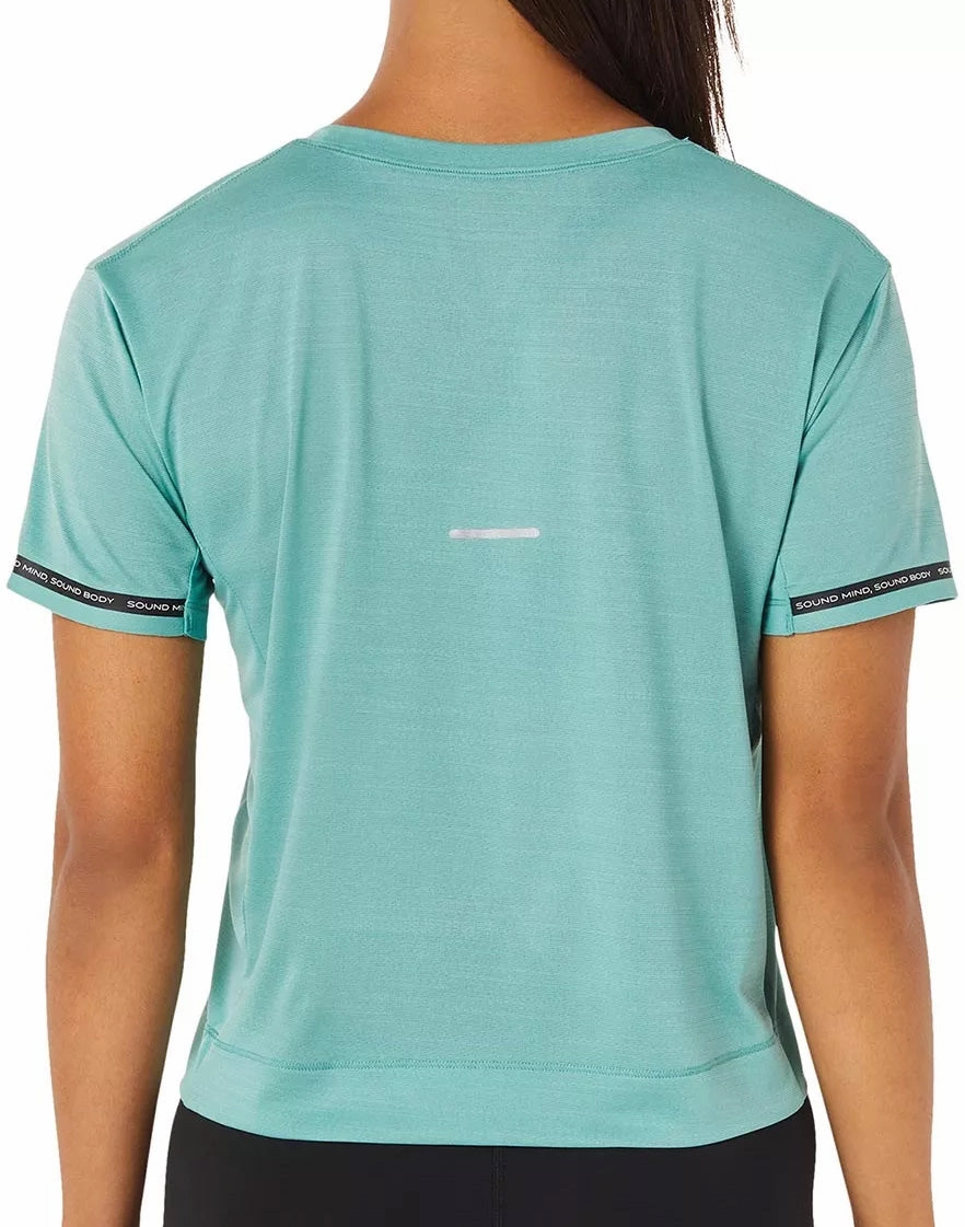 Athletic and Cool Trendy Layering Asics Race Cropped Short Sleeve Womens Running Top - Green
