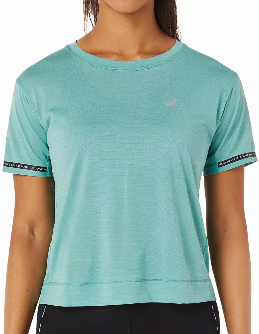 Asics Race Cropped Short Sleeve Womens Running Top - Green Smooth Flatlock Stitching Smart Comfort