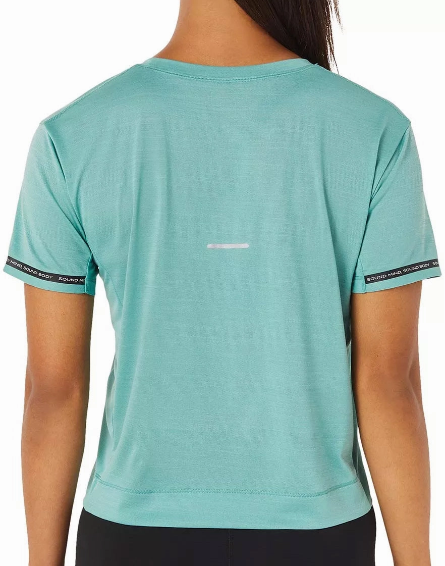 Colorfast Material Asics Race Cropped Short Sleeve Womens Running Top - Green