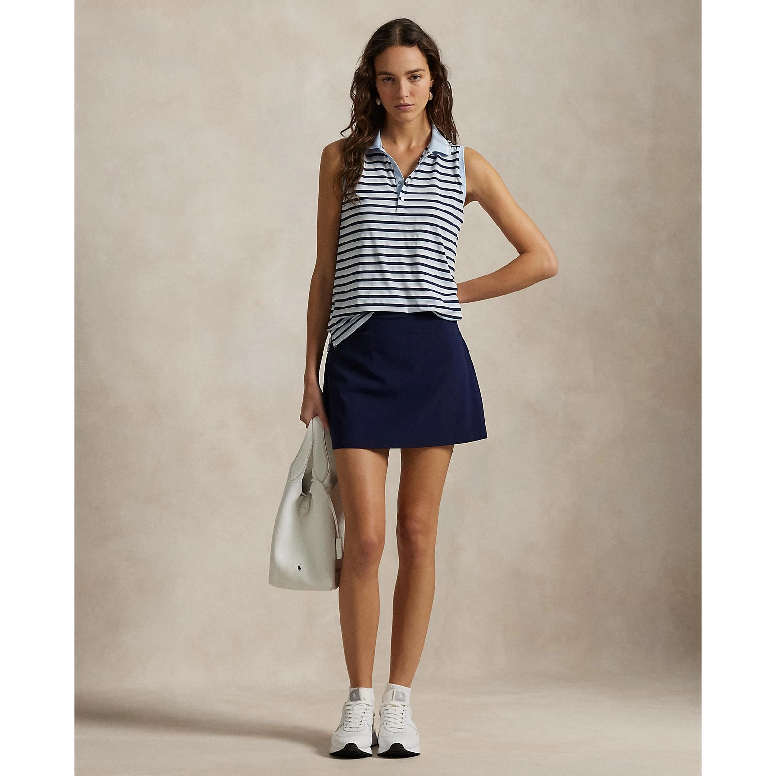 Summer Party Moisture Wicking Fabric RLX Ralph Lauren Women's Printed Airflow Sleeveless Polo Shirt - Cold Spring/Navy Stripe