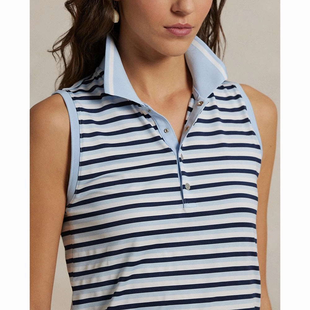 Four Button Placket RLX Ralph Lauren Women's Printed Airflow Sleeveless Polo Shirt - Cold Spring/Navy Stripe