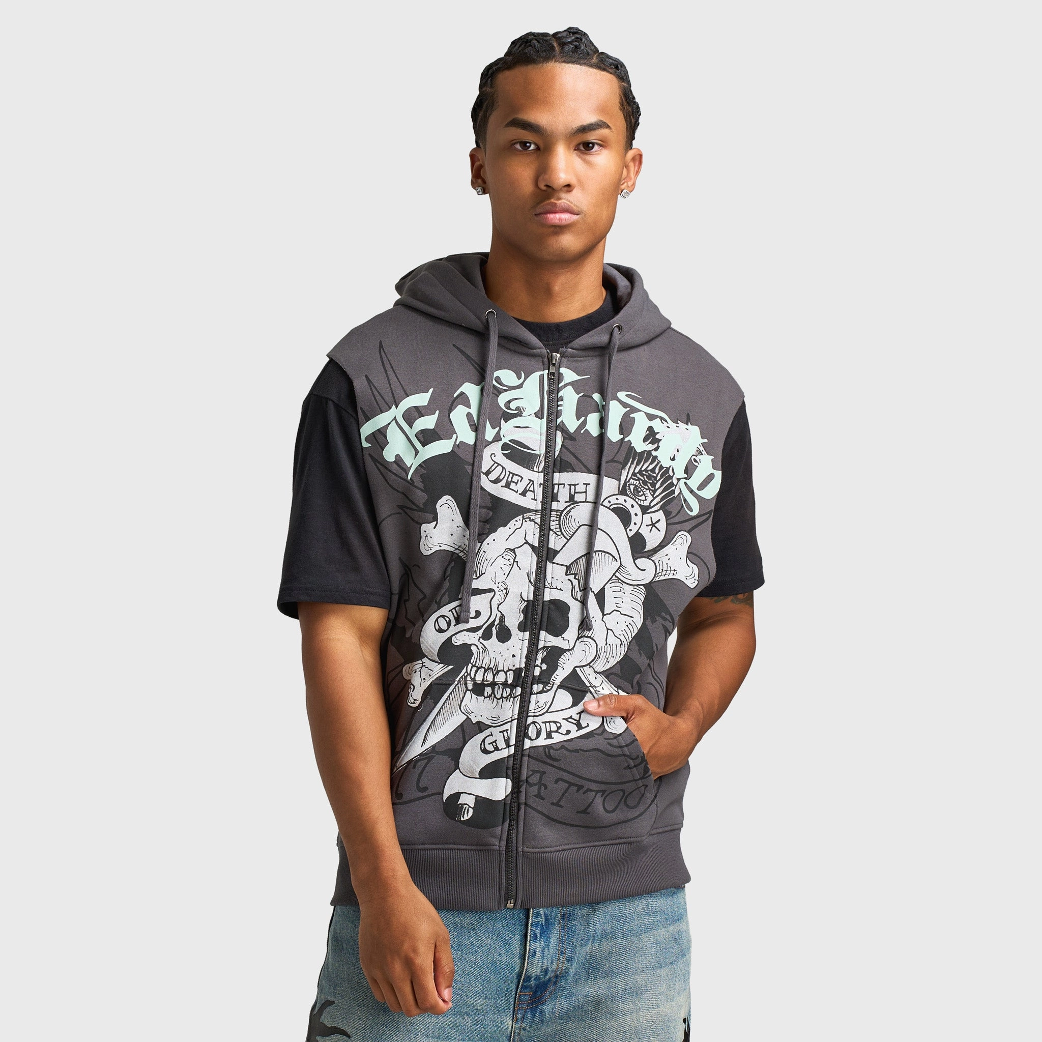 Ed Hardy DG Skull Sleeveles Hoodie / Charcoal Full Zip Closure TearResistantOuter