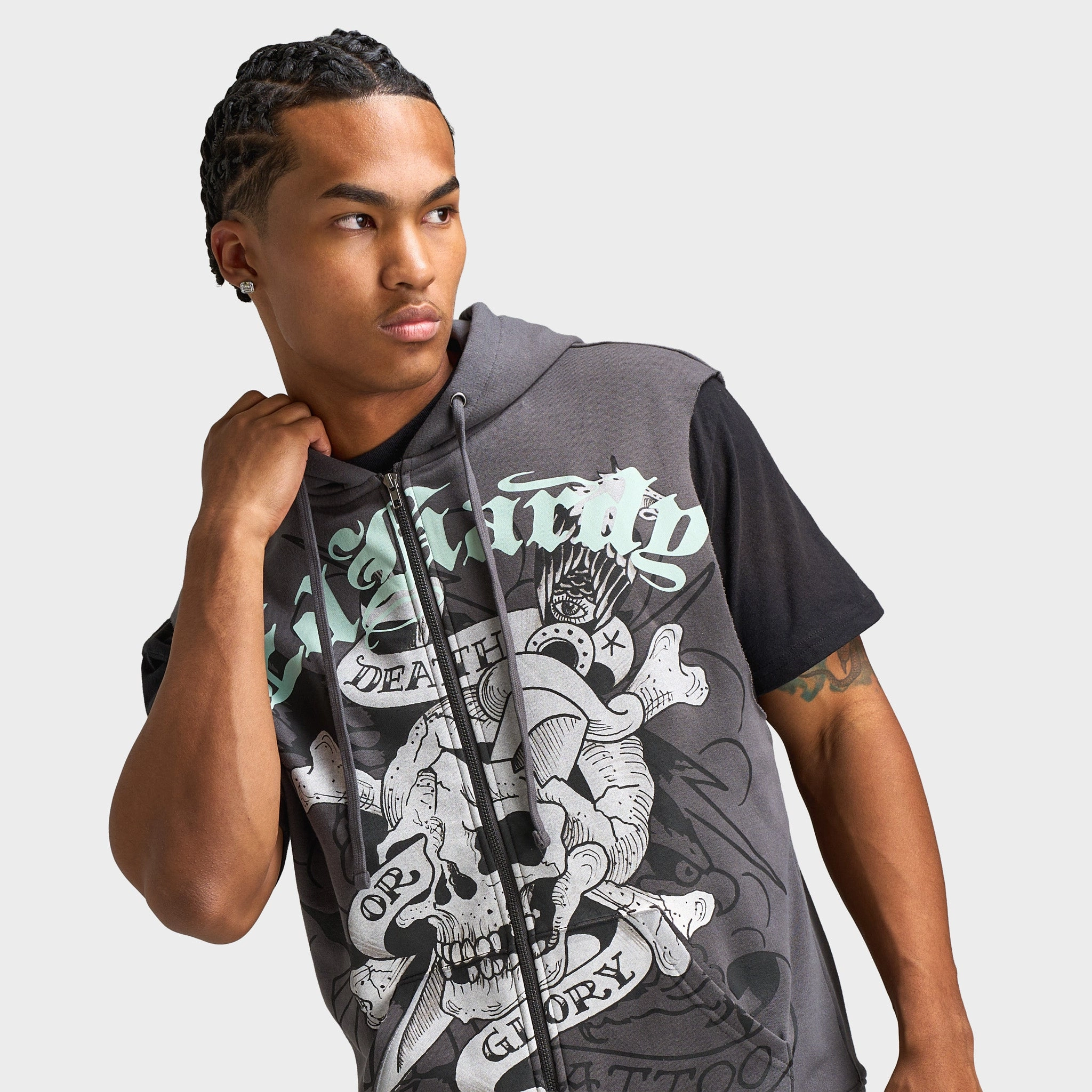 Ed Hardy DG Skull Sleeveles Hoodie / Charcoal Hooded Design BreathableFabric