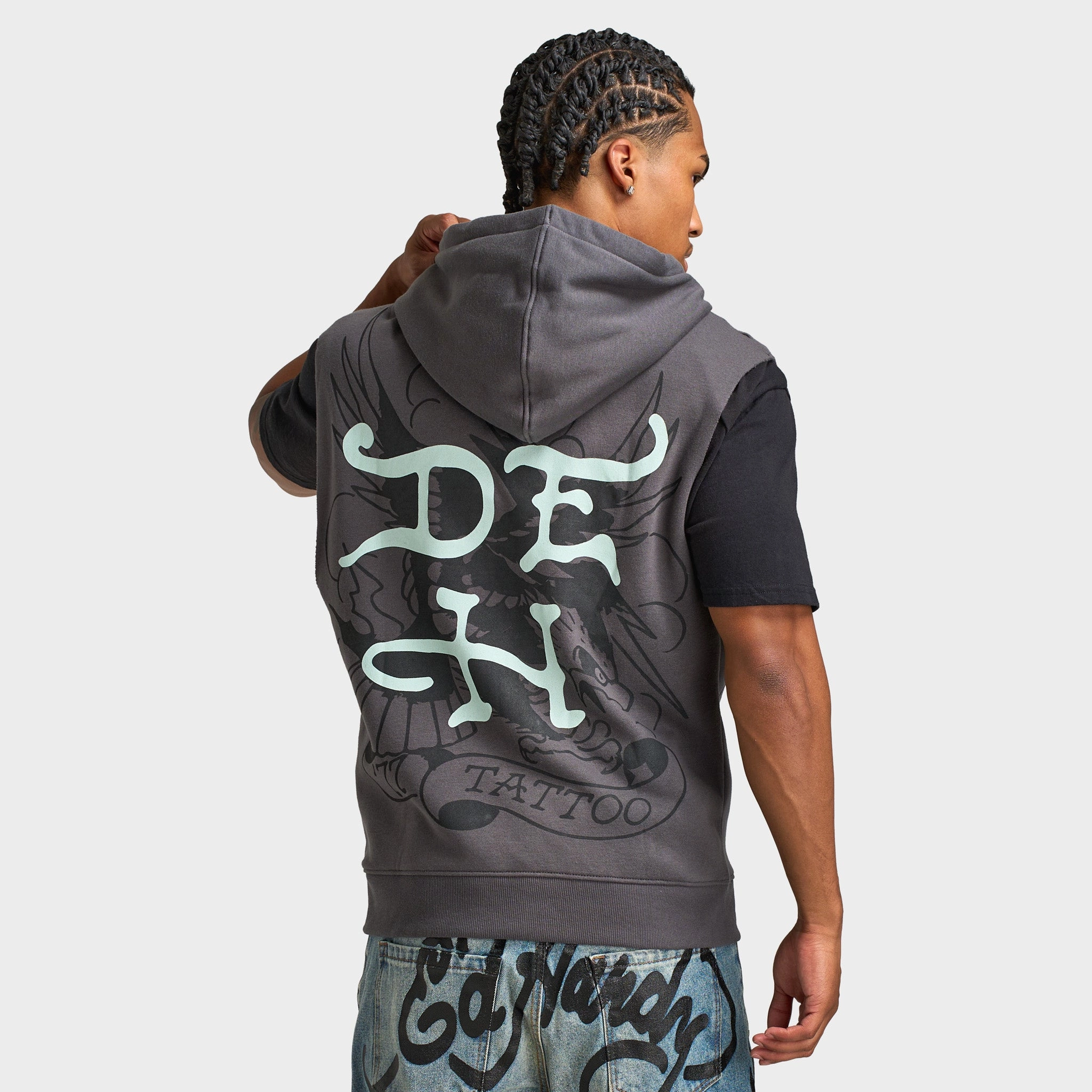 Adjustable Hood Ed Hardy DG Skull Sleeveles Hoodie / Charcoal