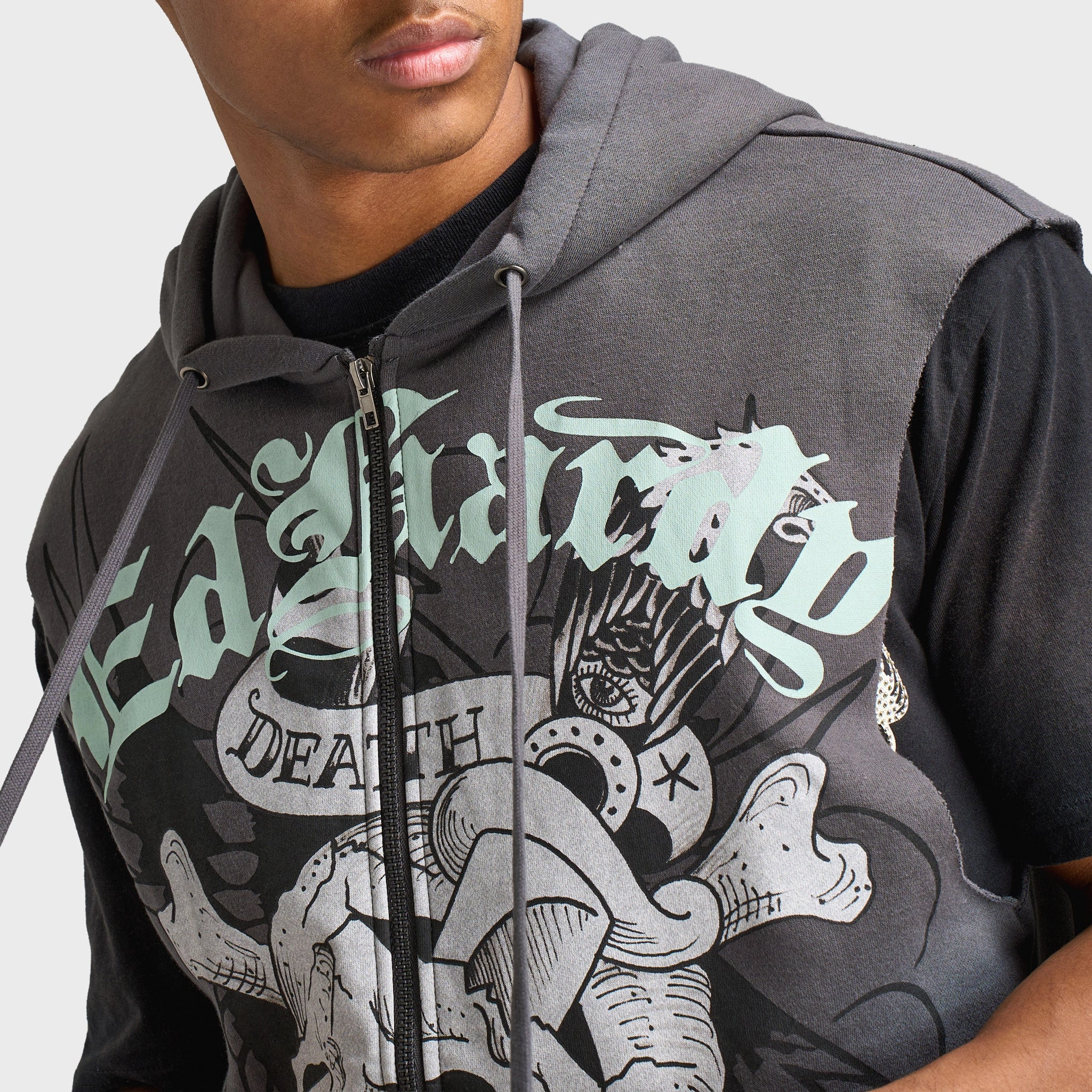 Ed Hardy DG Skull Sleeveles Hoodie / Charcoal Double stitching Classic Ribbed Cuffs
