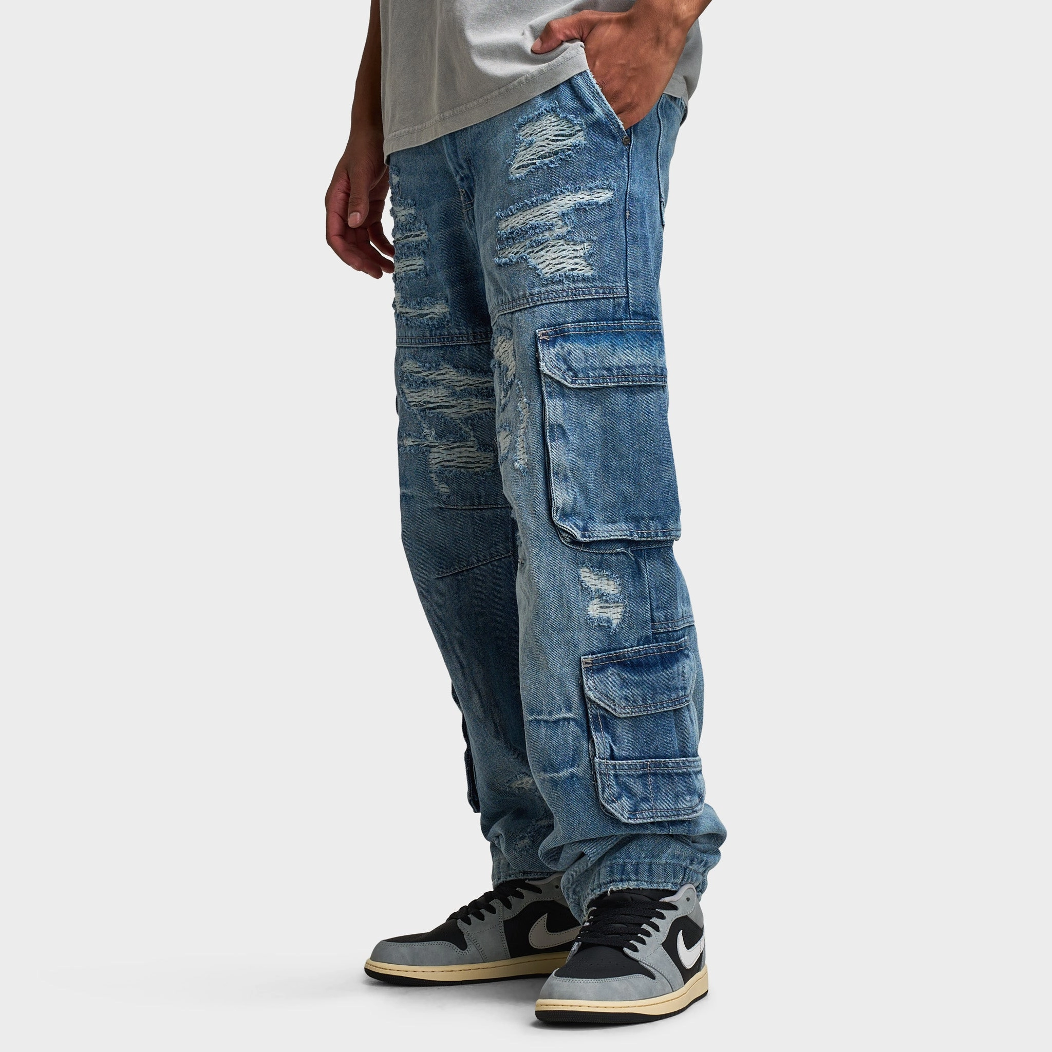 Jordan Craig Brian Rip & Repair Jeans / Aged Wash AbrasionResistant Elbows Sporty Layers