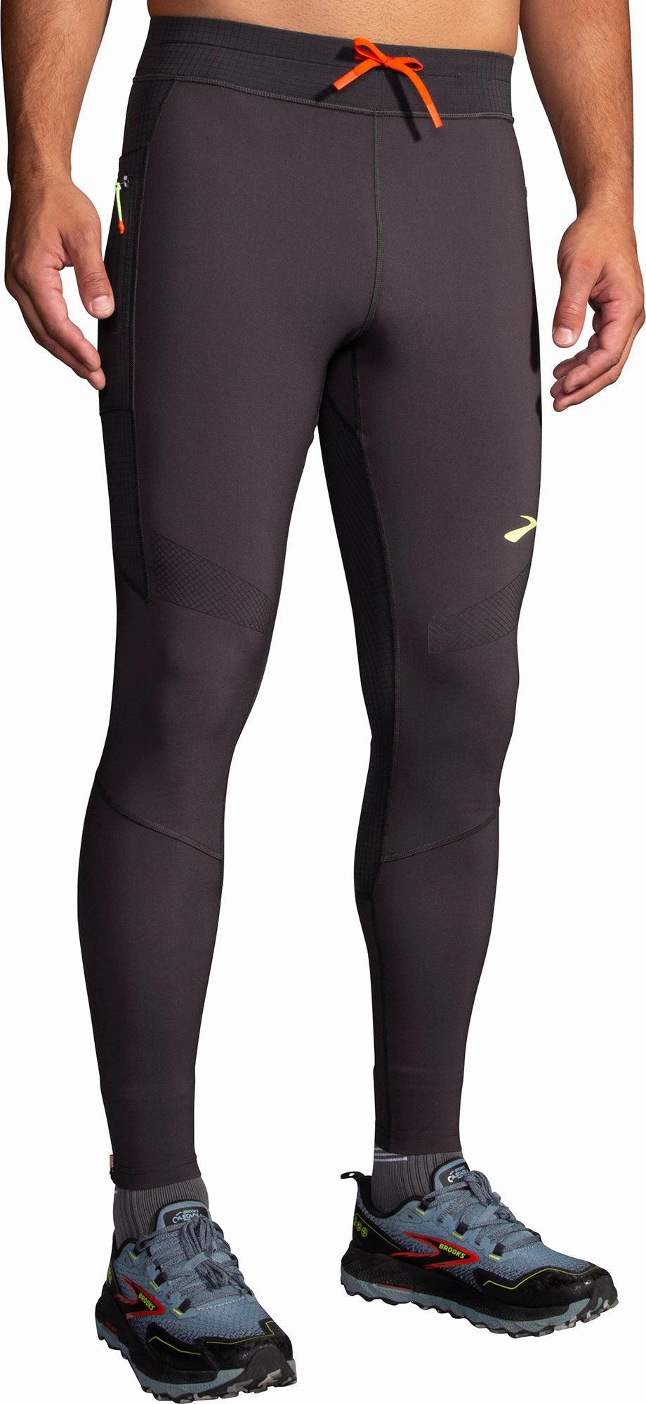 Brooks High Point Mens Long Running Tights - Grey Shiny-appearance Thin