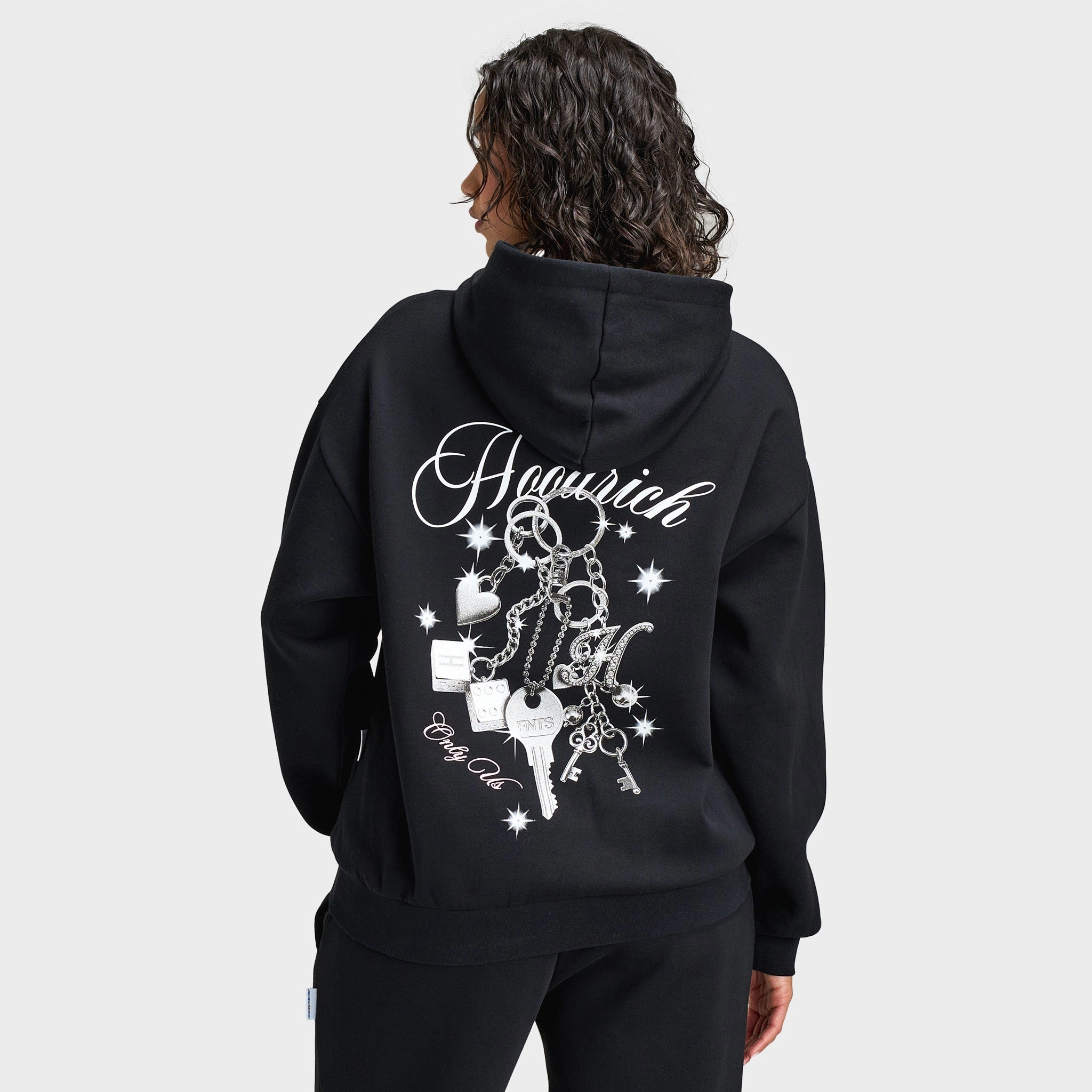 Hoodrich Women's Oversized Hoodie Black / Silver Rhinestone ExpandableSideGussets Layer Essential Piece