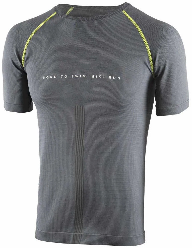 Day Glow Luxury Touch Compressport Born To SwimBikeRun Short Sleeve Mens Running Top - Grey