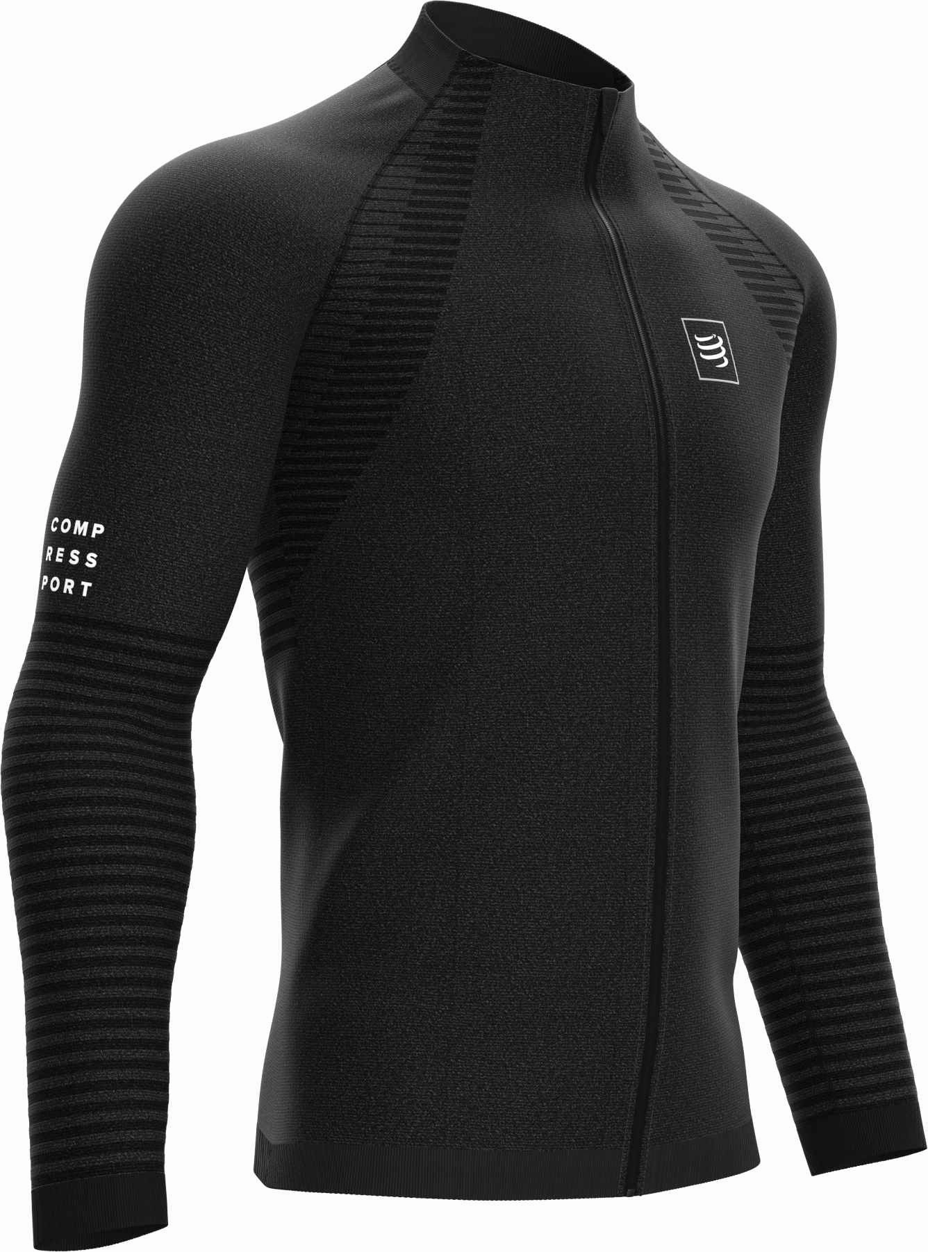 Tagless Design Rush Mode Compressport Seamless Full Zip Long Sleeve Mens Sweatshirt - Black