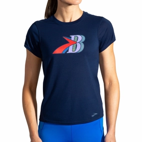 Brooks Distance Graphic Short Sleeve Womens Running Top - Navy Comfortable Stretch