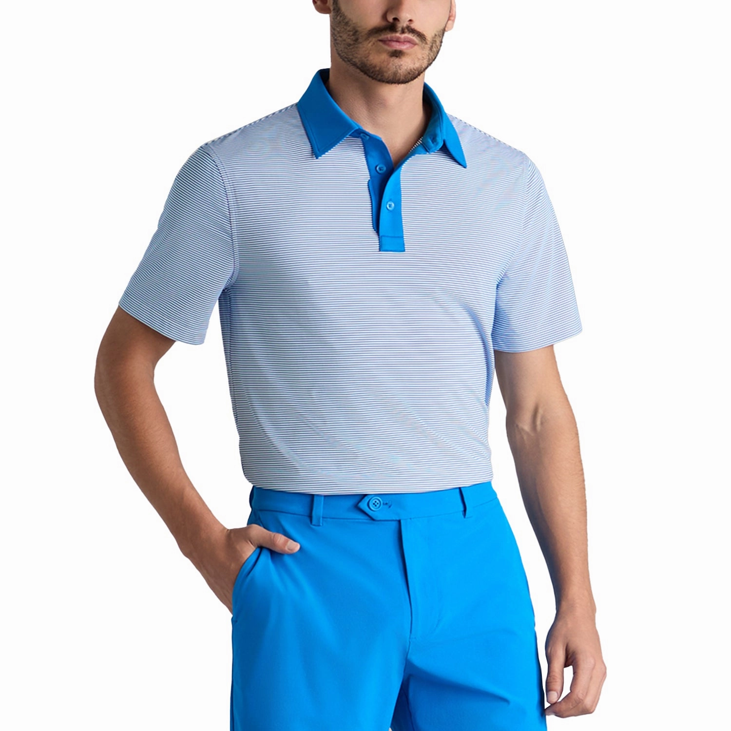 G/Fore Feeder Stripe Fine Tech Jersey Golf Polo Shirt - Lisbon Blue Trendy Business Collared Shirt