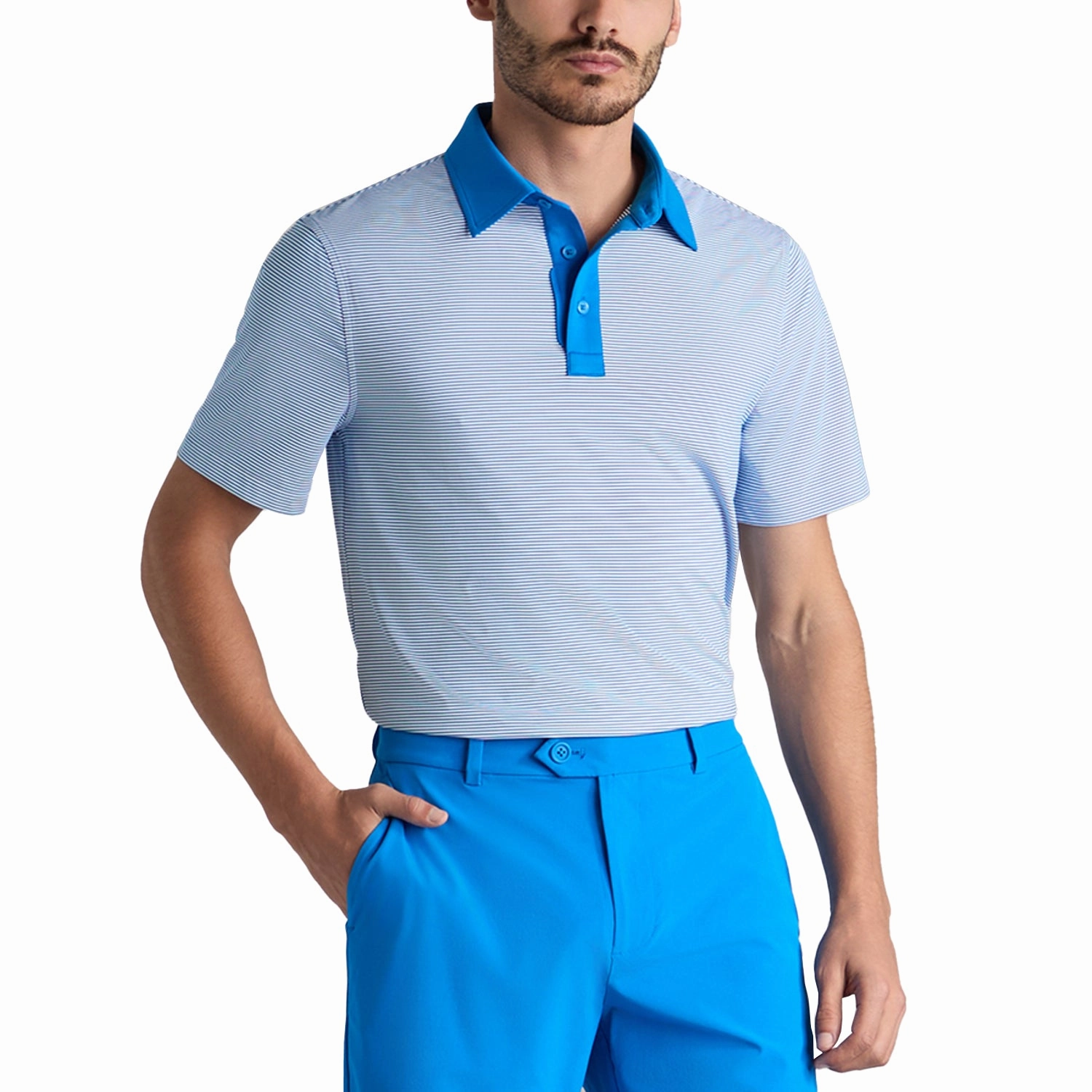 G/Fore Feeder Stripe Fine Tech Jersey Golf Polo Shirt - Lisbon Blue TemperatureRegulating Layer Thermoregulating Lining