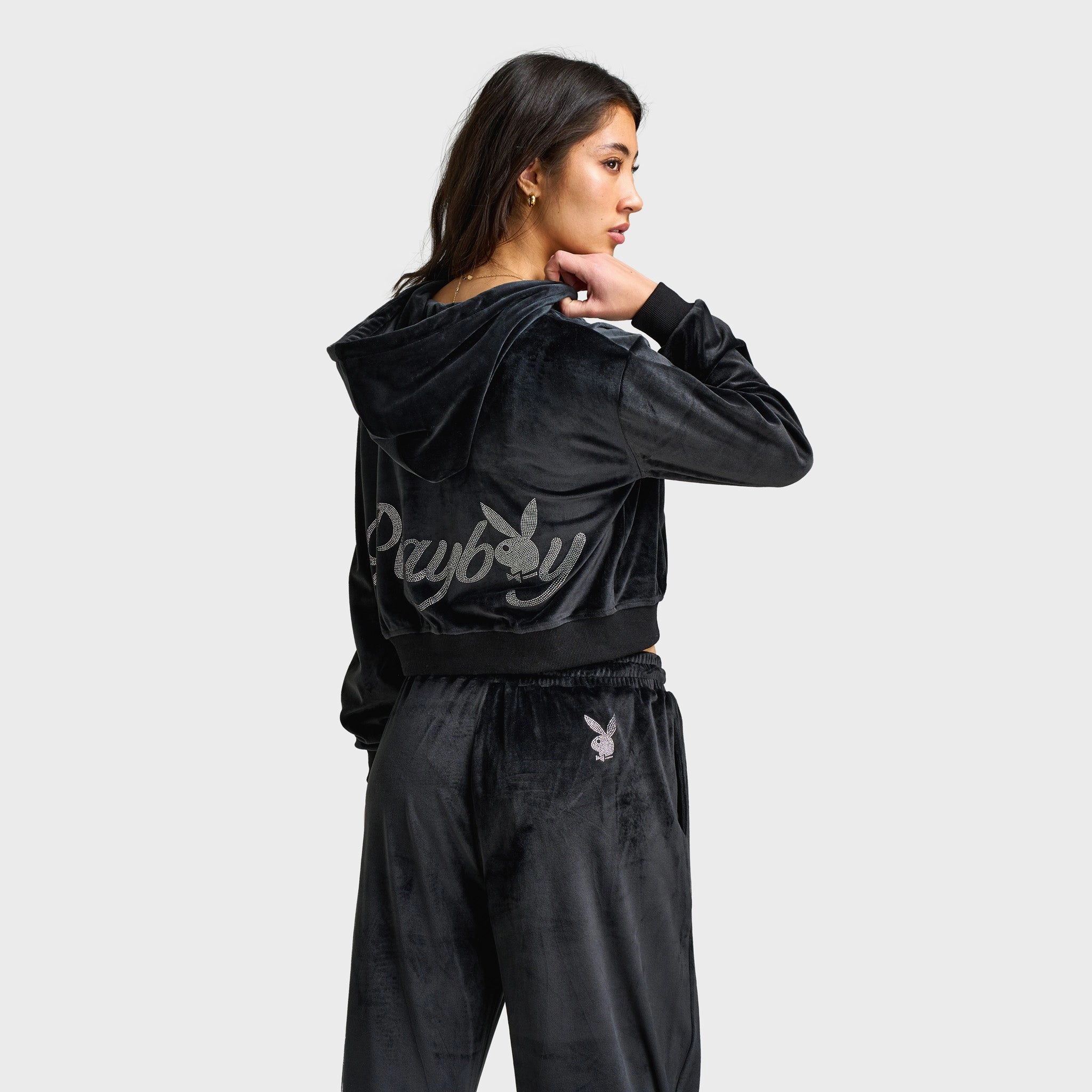 Street Ready Playboy Script Velour Hoodie / Black