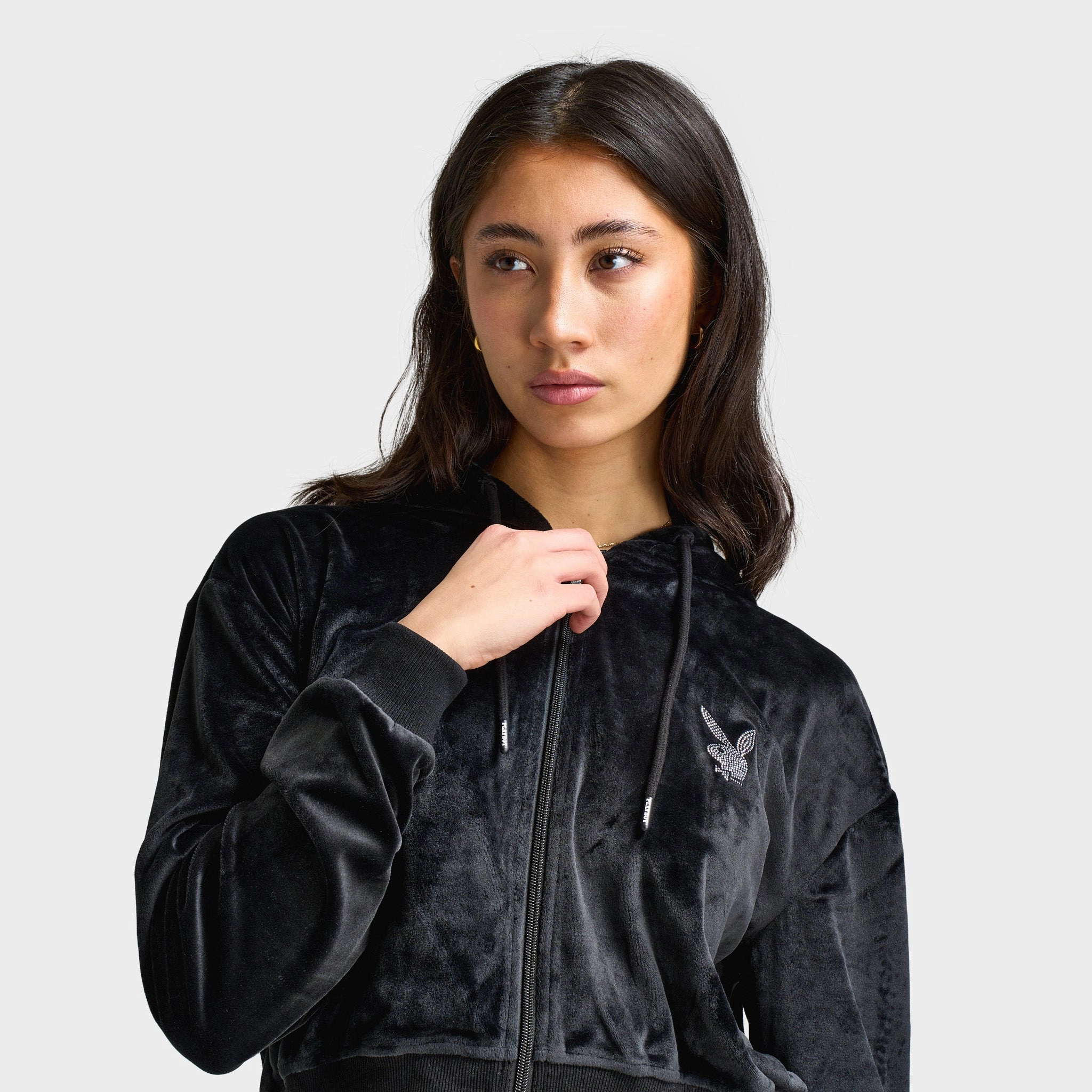 Playboy Script Velour Hoodie / Black Elastic Binding Insulated Lining